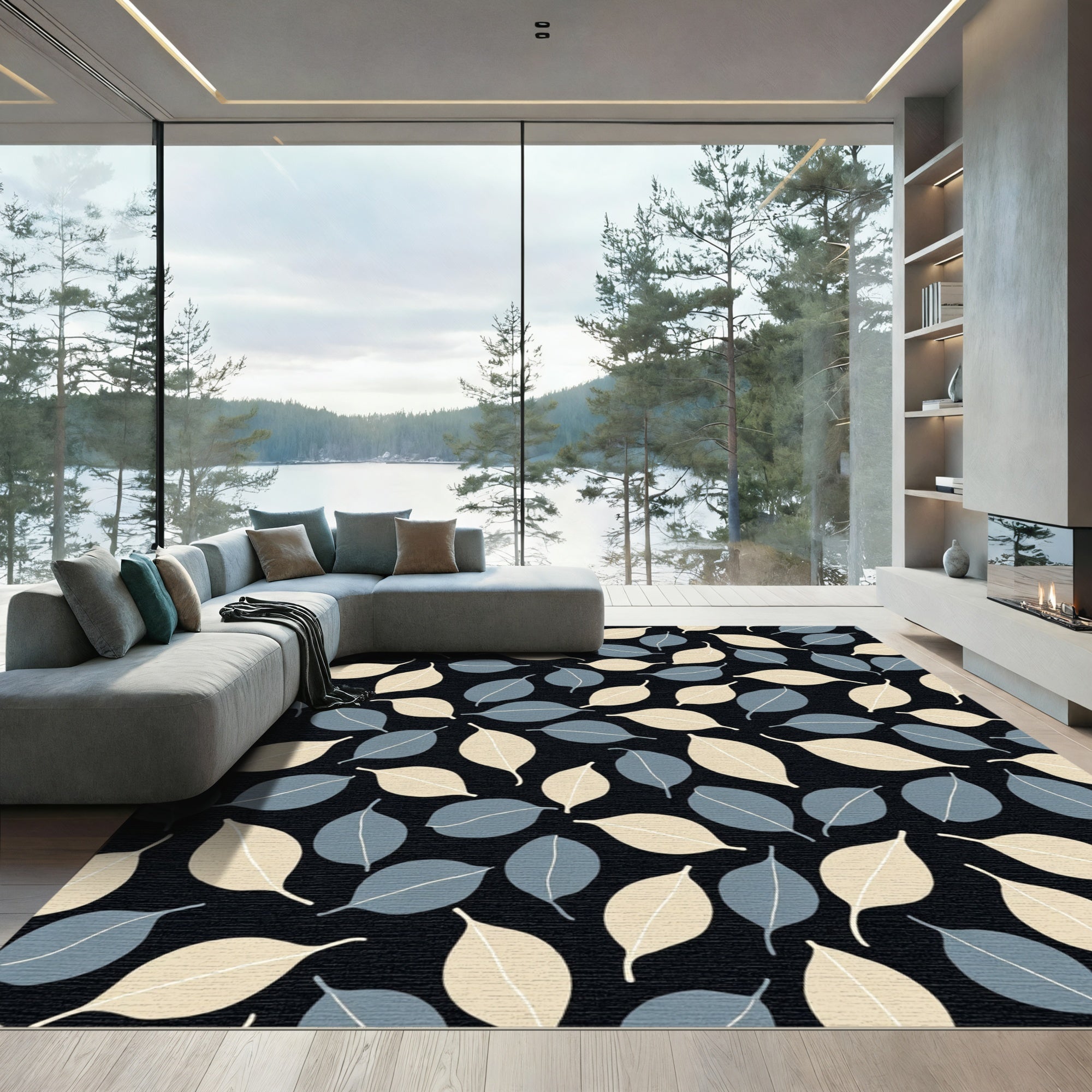 Cream Blue Leaf Repeating Pattern Rug