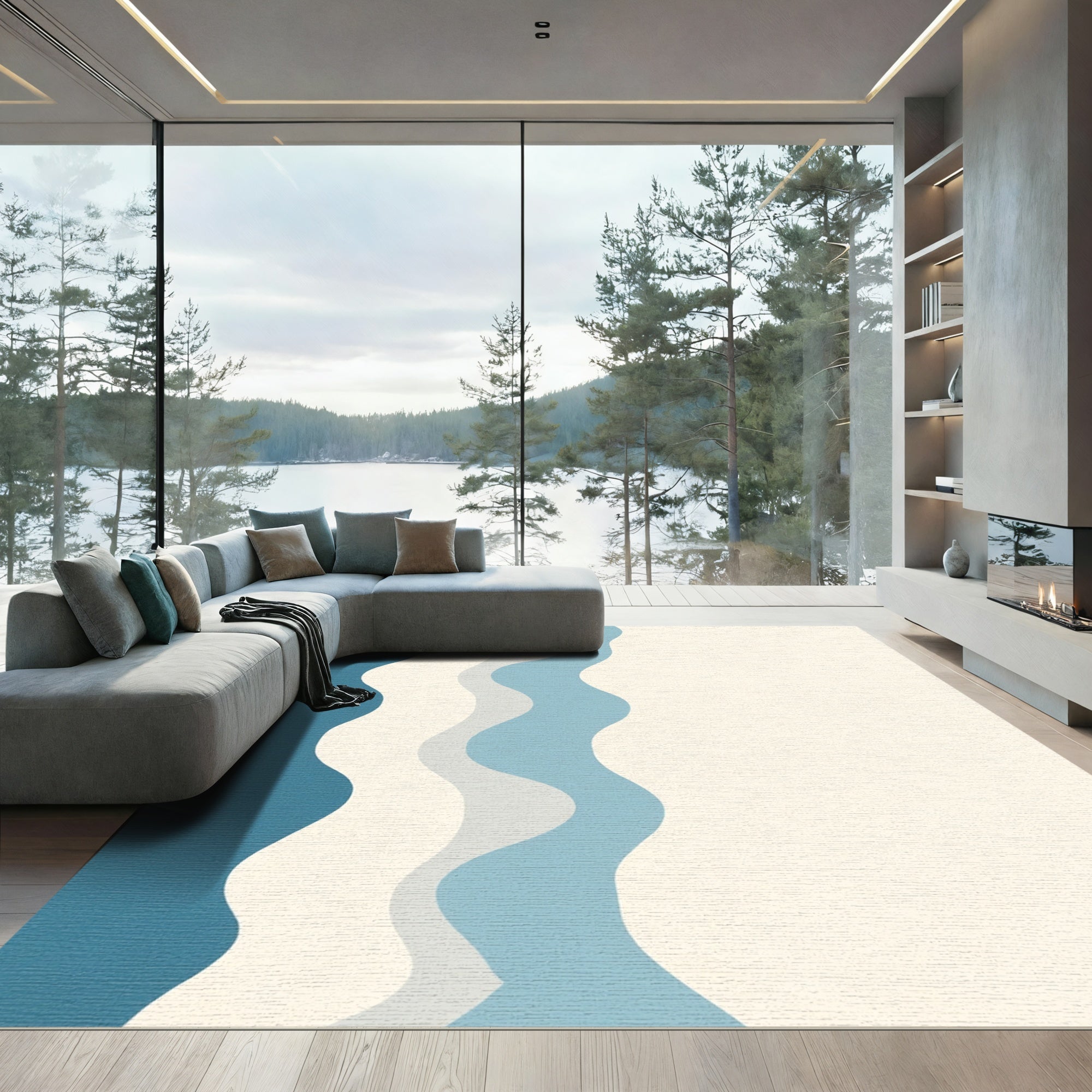Oceanic Blue Abstract Wave Rug