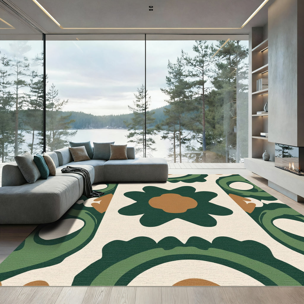 Mid Century Green Floral Tile Rug
