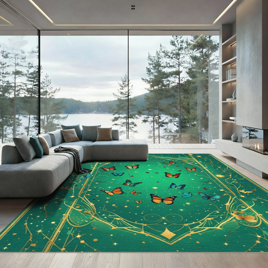 Enchanted Emerald Butterfly Garden Rug