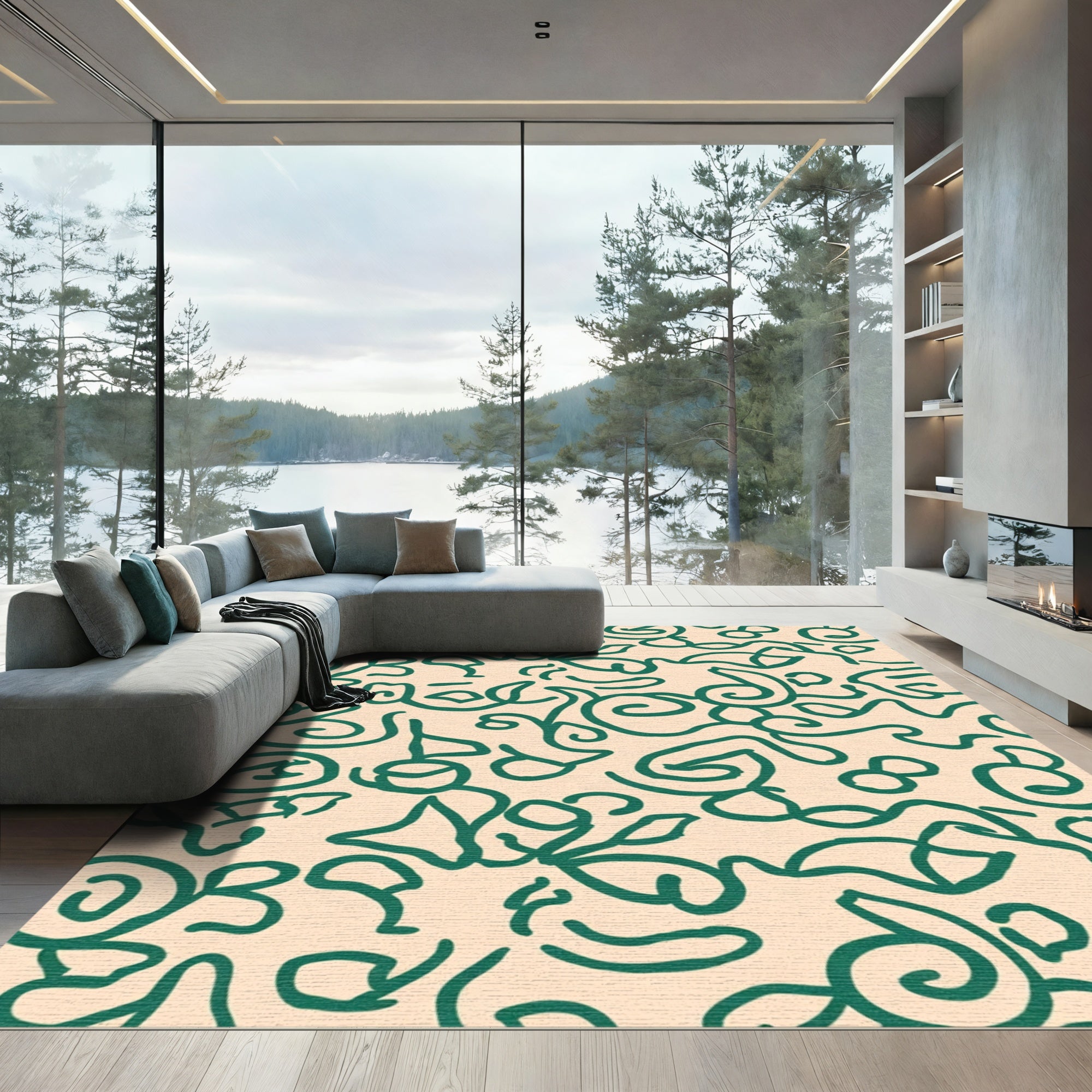 Green Leafy Swirl Abstract Line Rug
