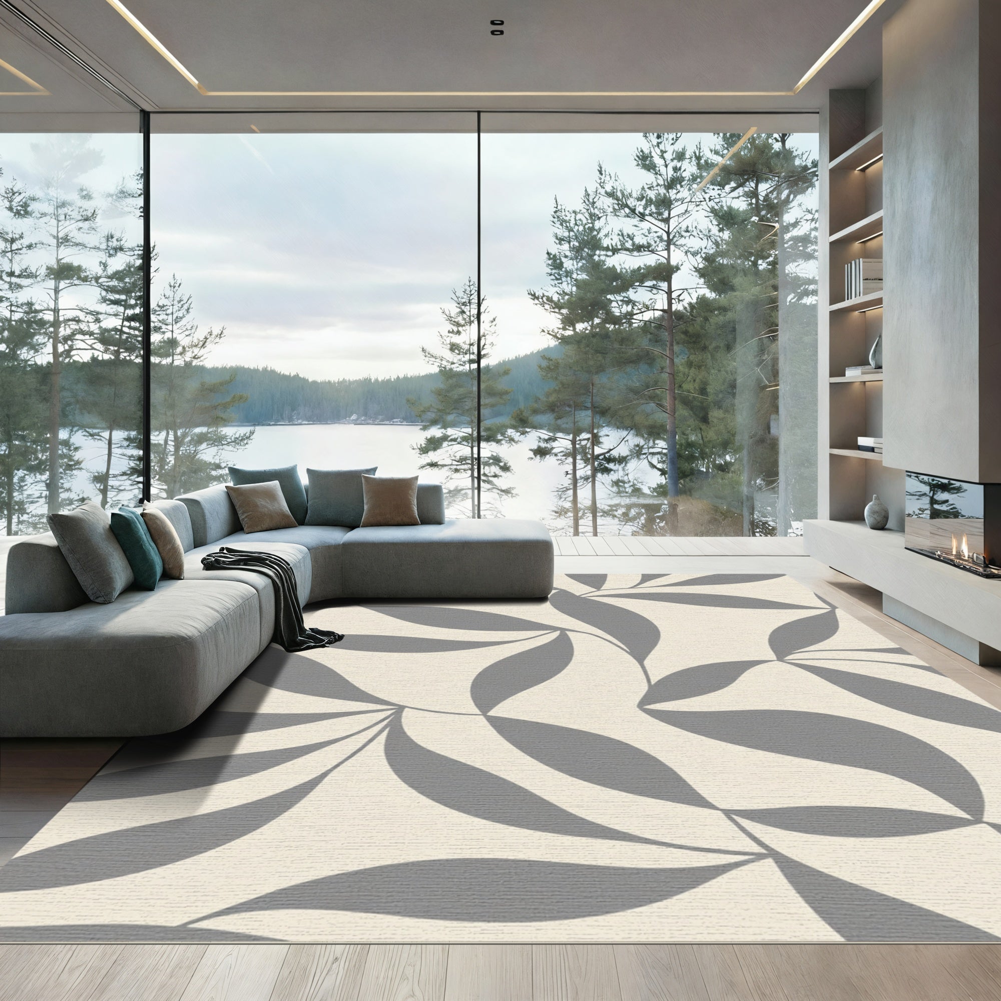 Cream Gray Abstract Leaf Swirl Rug
