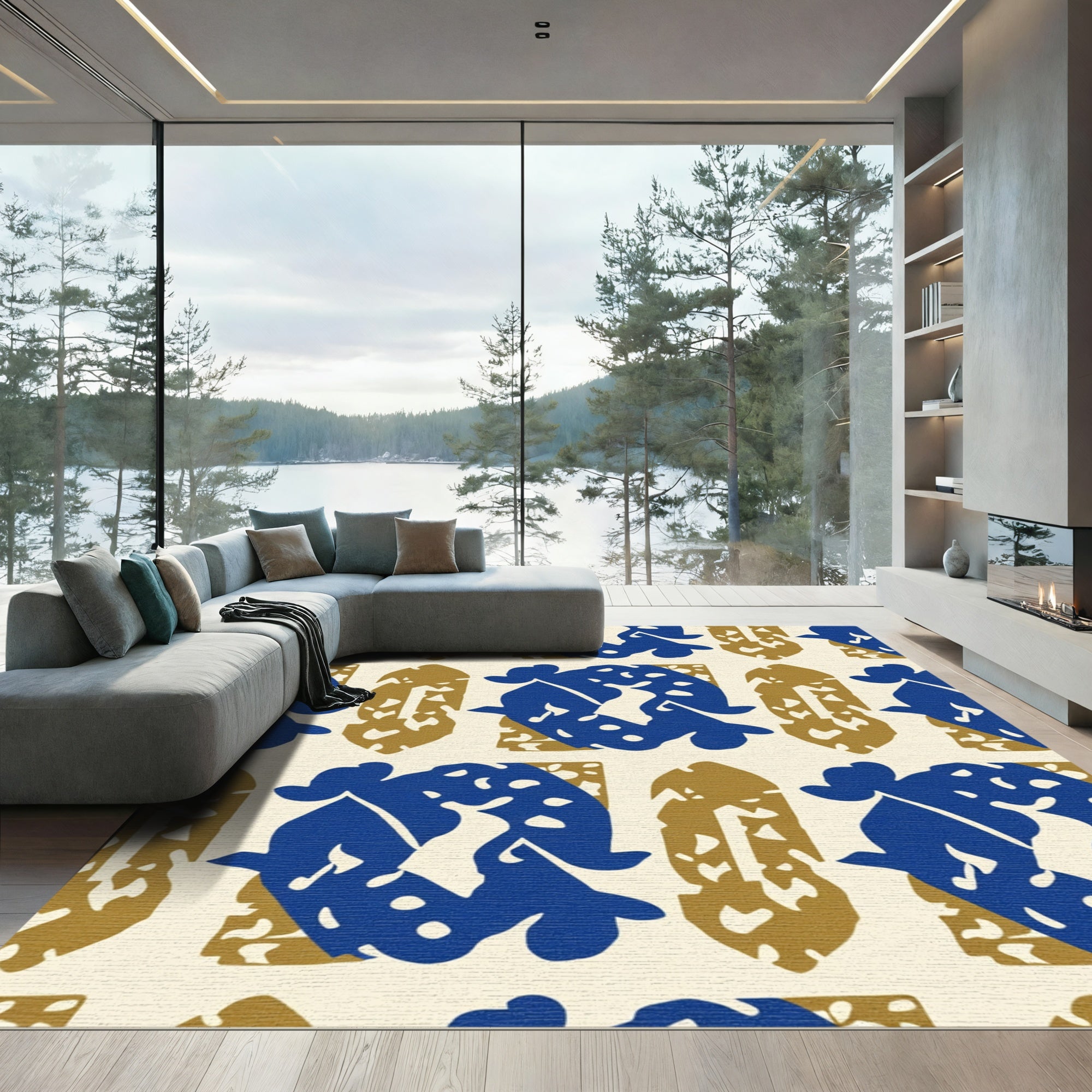 Bold Blue Abstract Organic Shapes Rug