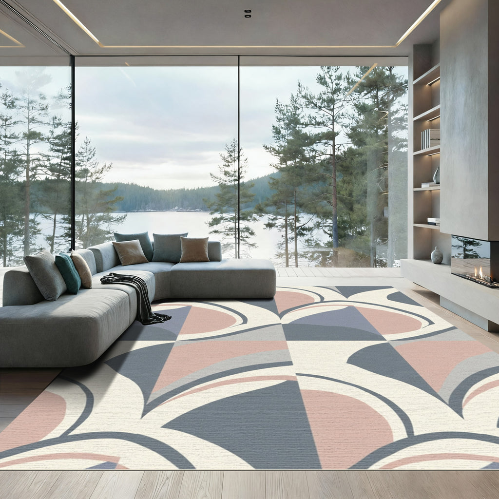 Abstract Curves Pink Gray Geometric Rug