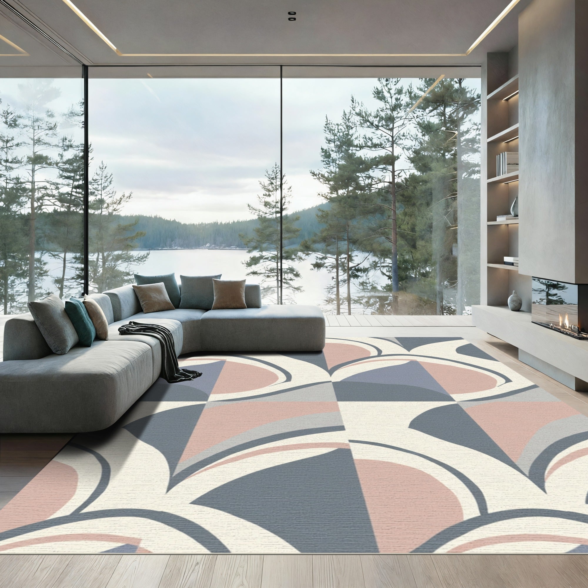 Abstract Curves Pink Gray Geometric Rug