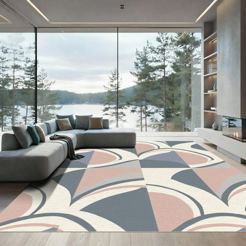 Abstract Curves Pink Gray Geometric Rug