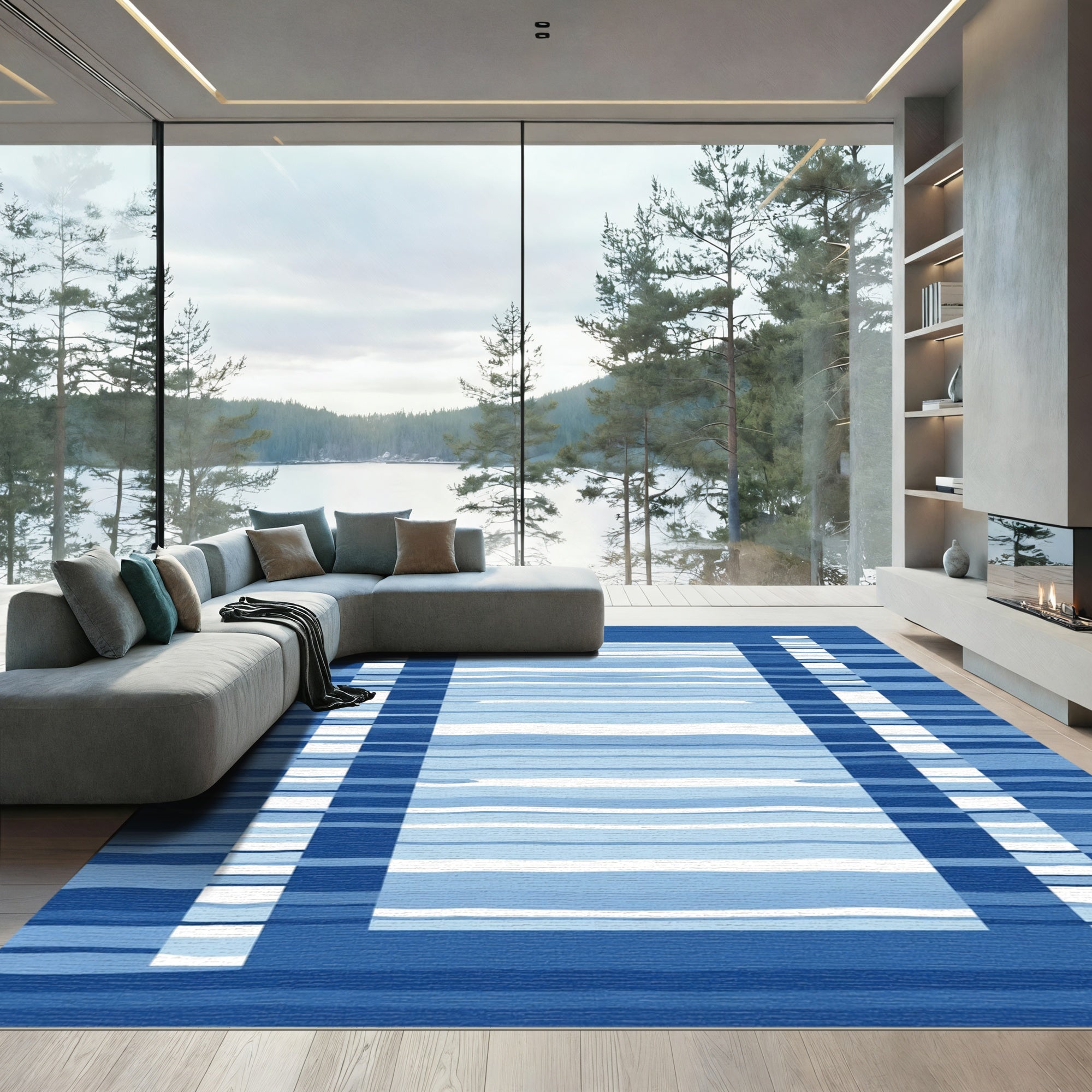 Deep Blue Horizontal Stripes Rug