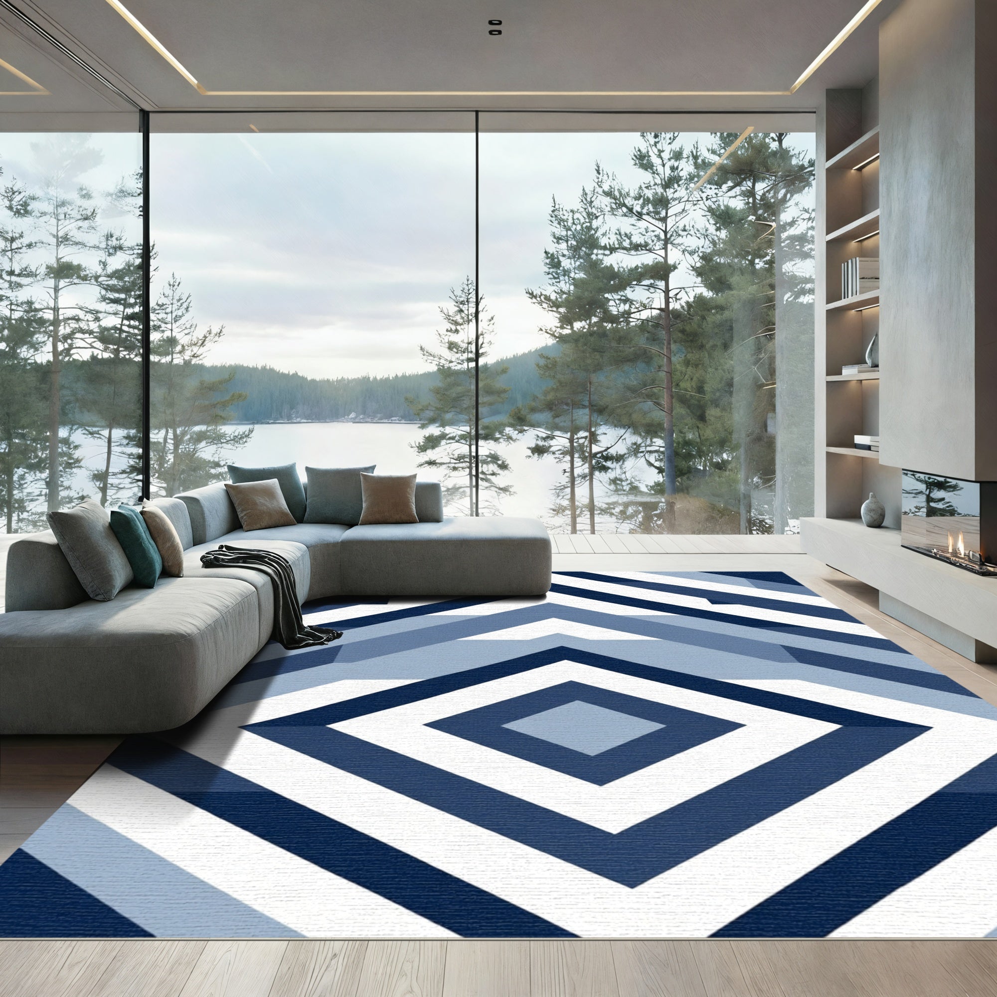 Deep Blue Geometric Diamond Chevron Rug