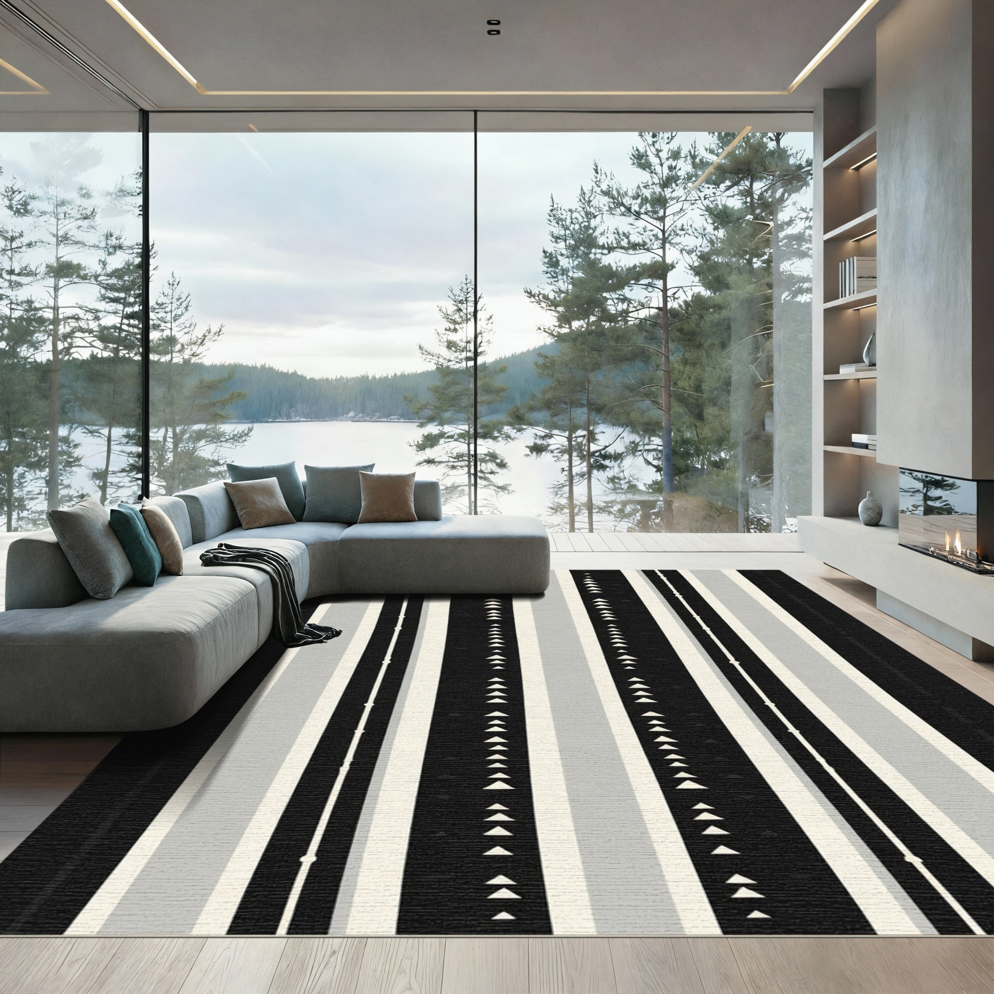 Black White Gray Striped Triangle Rug