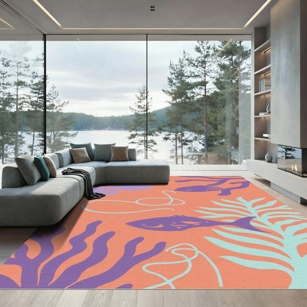 Coral Purple Fish Seaweed Pattern Rug