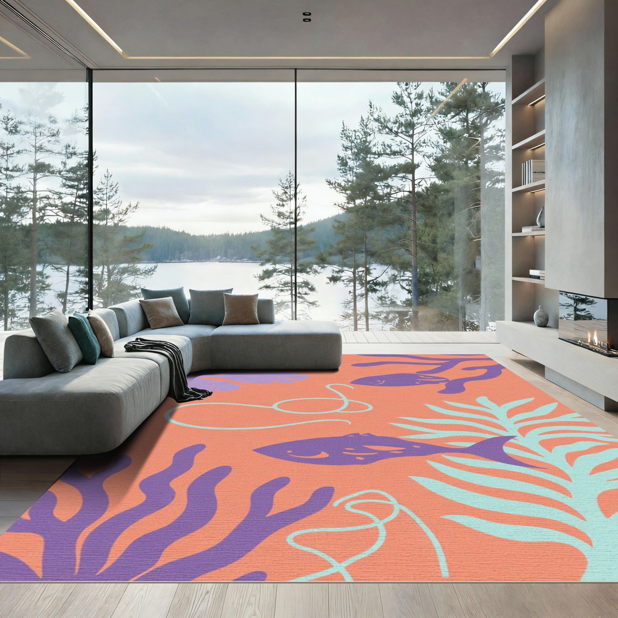 Coral Purple Fish Seaweed Pattern Rug
