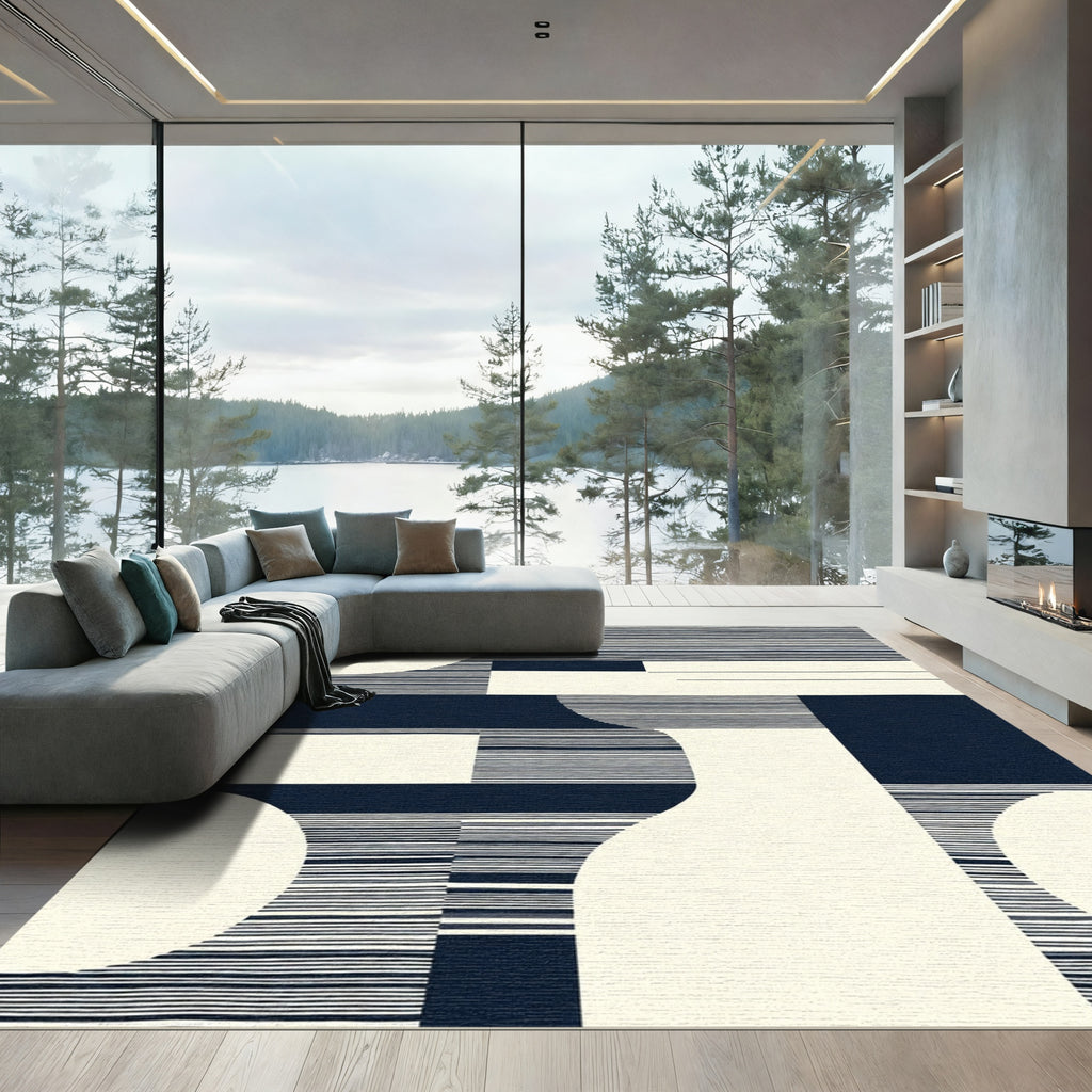 Minimalist Navy Cream Geometric Stripes Rug