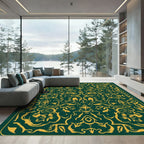 Deep Green Golden Floral Symmetry Rug