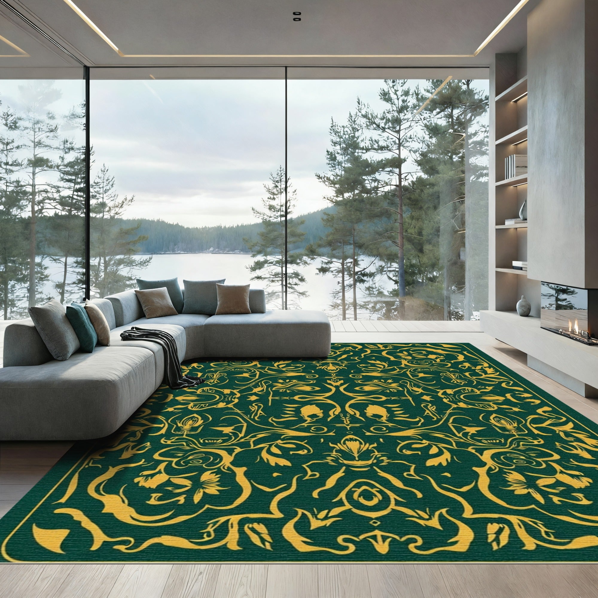 Deep Green Golden Floral Symmetry Rug