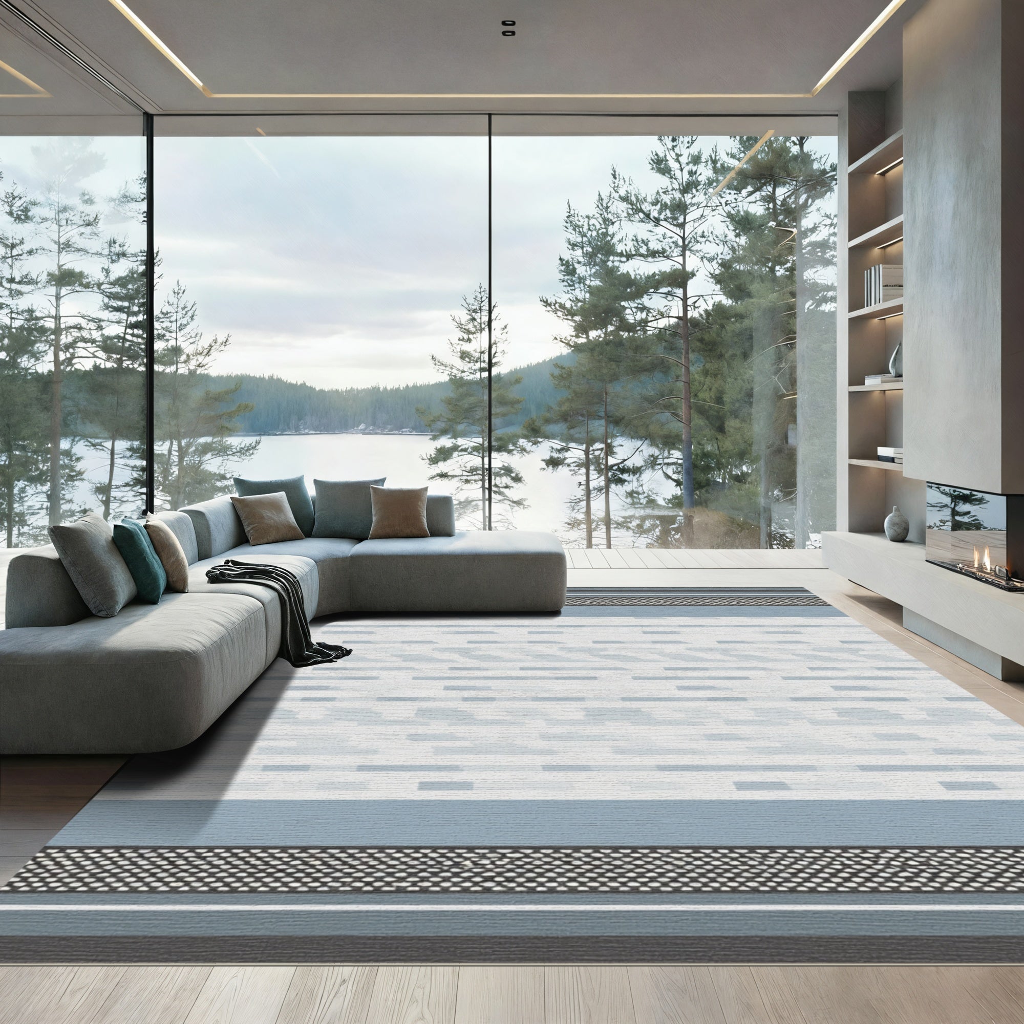 Gray and Blue Abstract Striped Rug