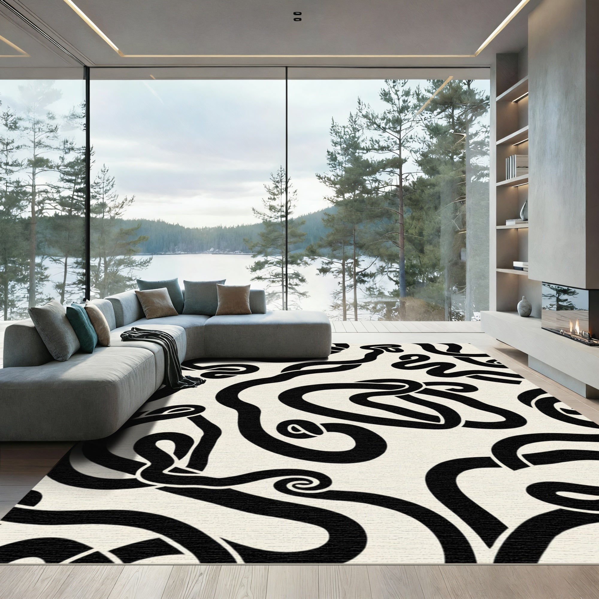 Black Abstract Swirl Ribbon Rug