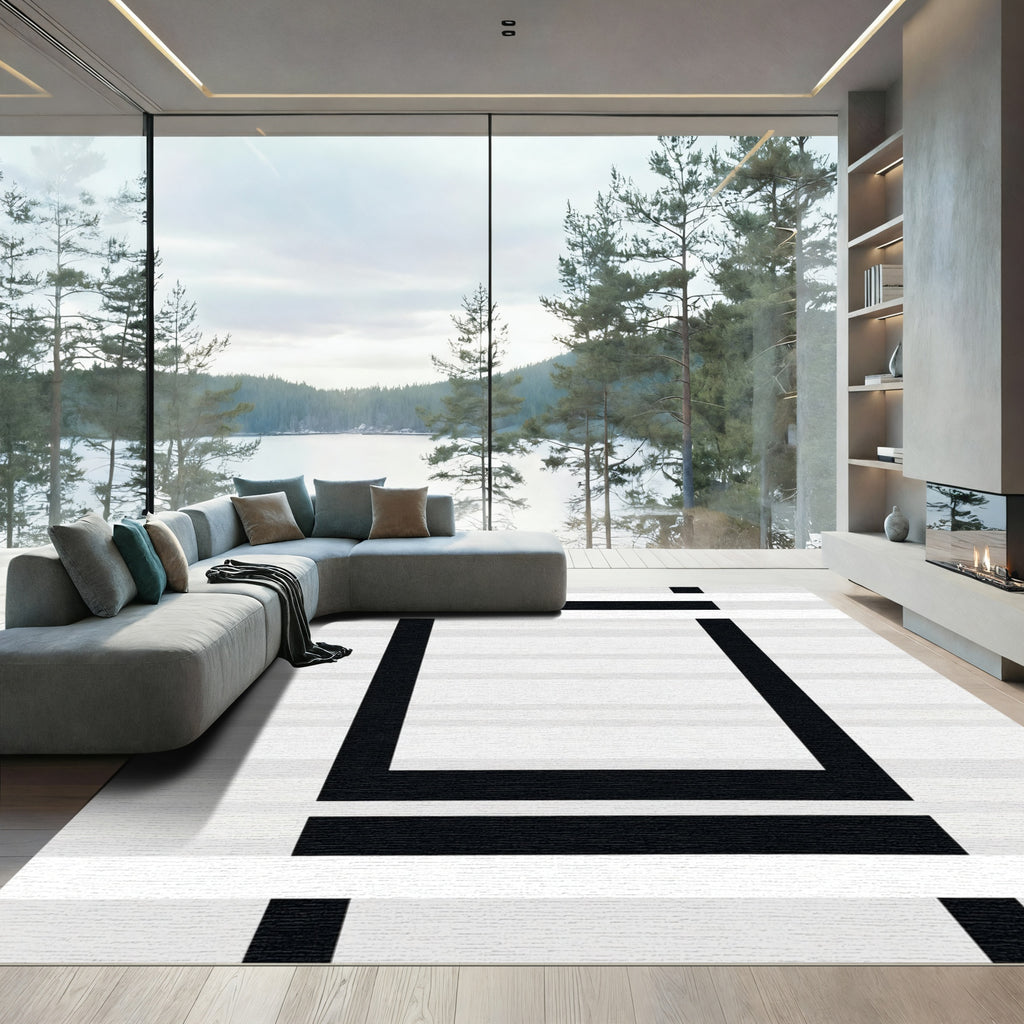 Monochrome Geometric Layered Square Rug
