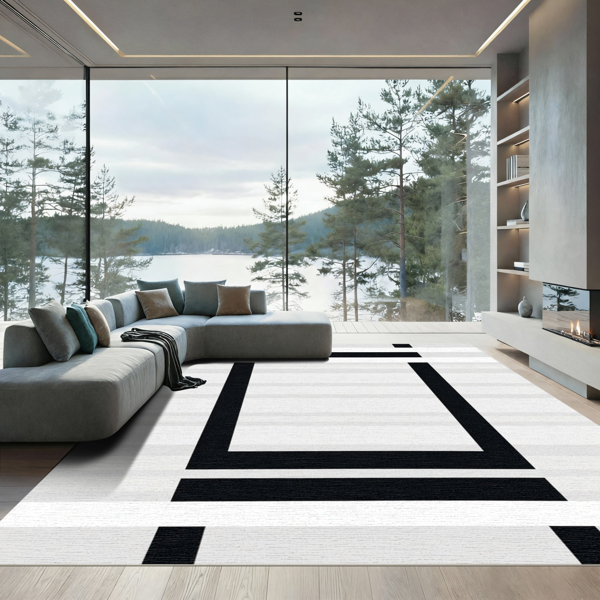 Monochrome Geometric Layered Square Rug