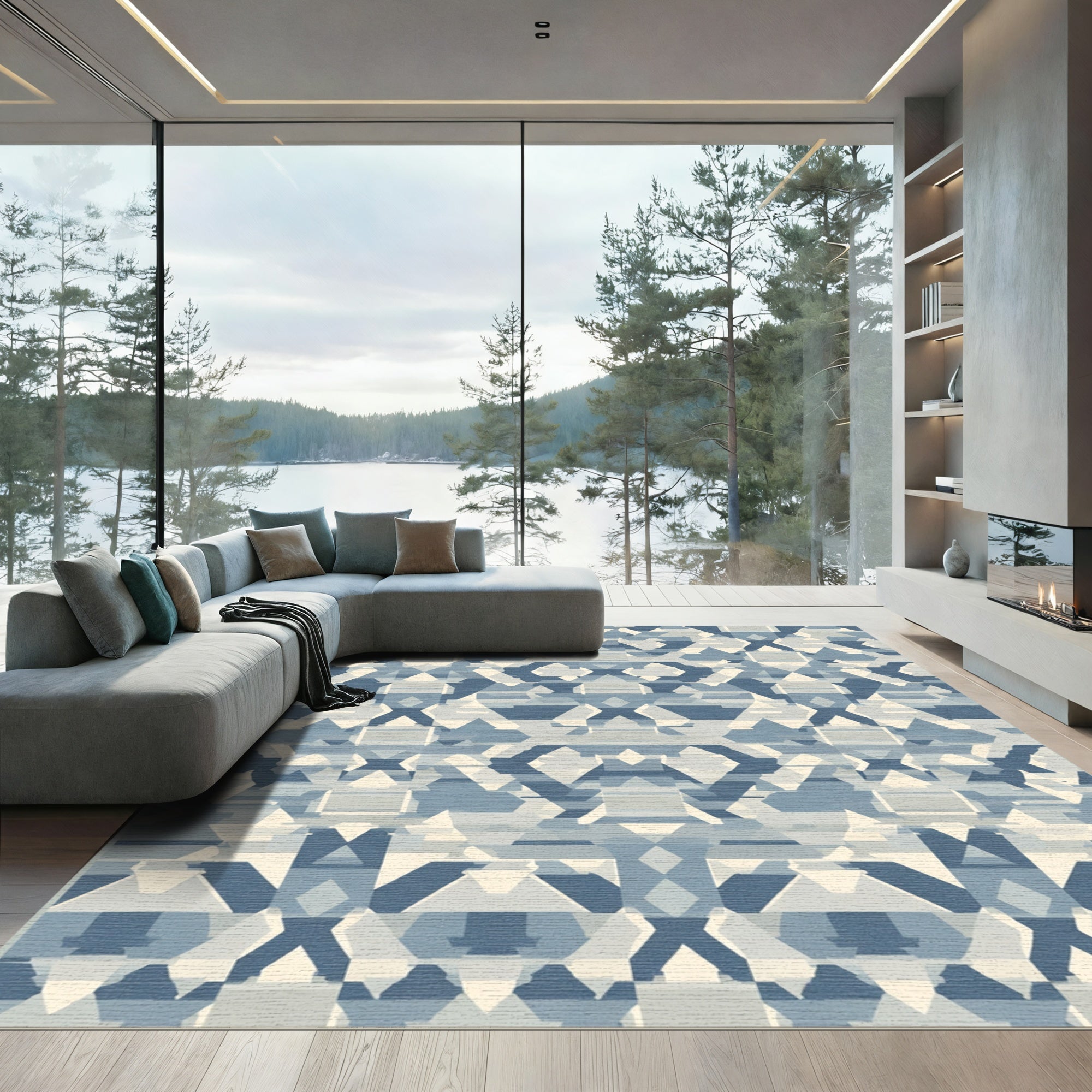 Geometric Blue Diamond Abstract Rug