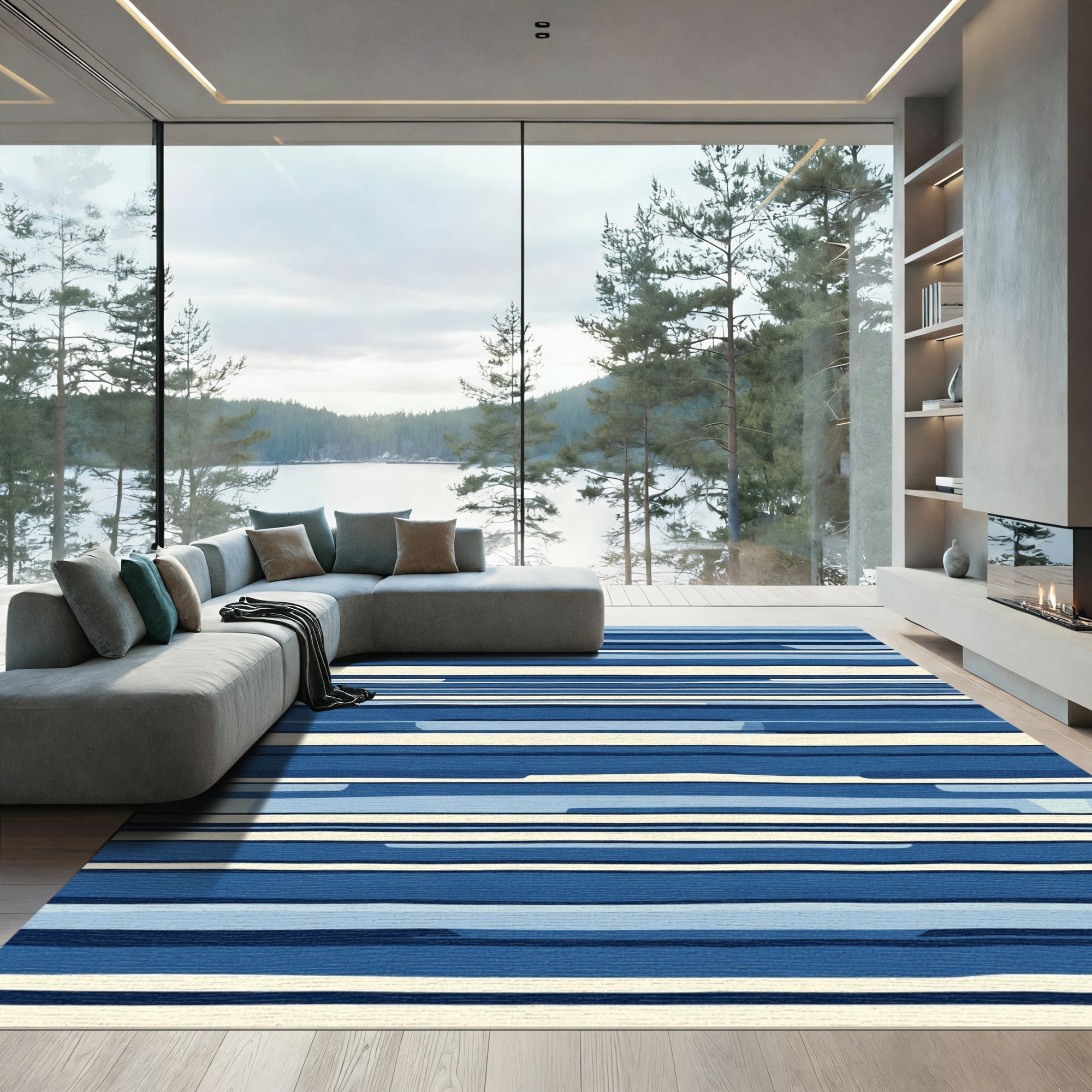 Coastal Blue Striped Horizon Abstract Rug