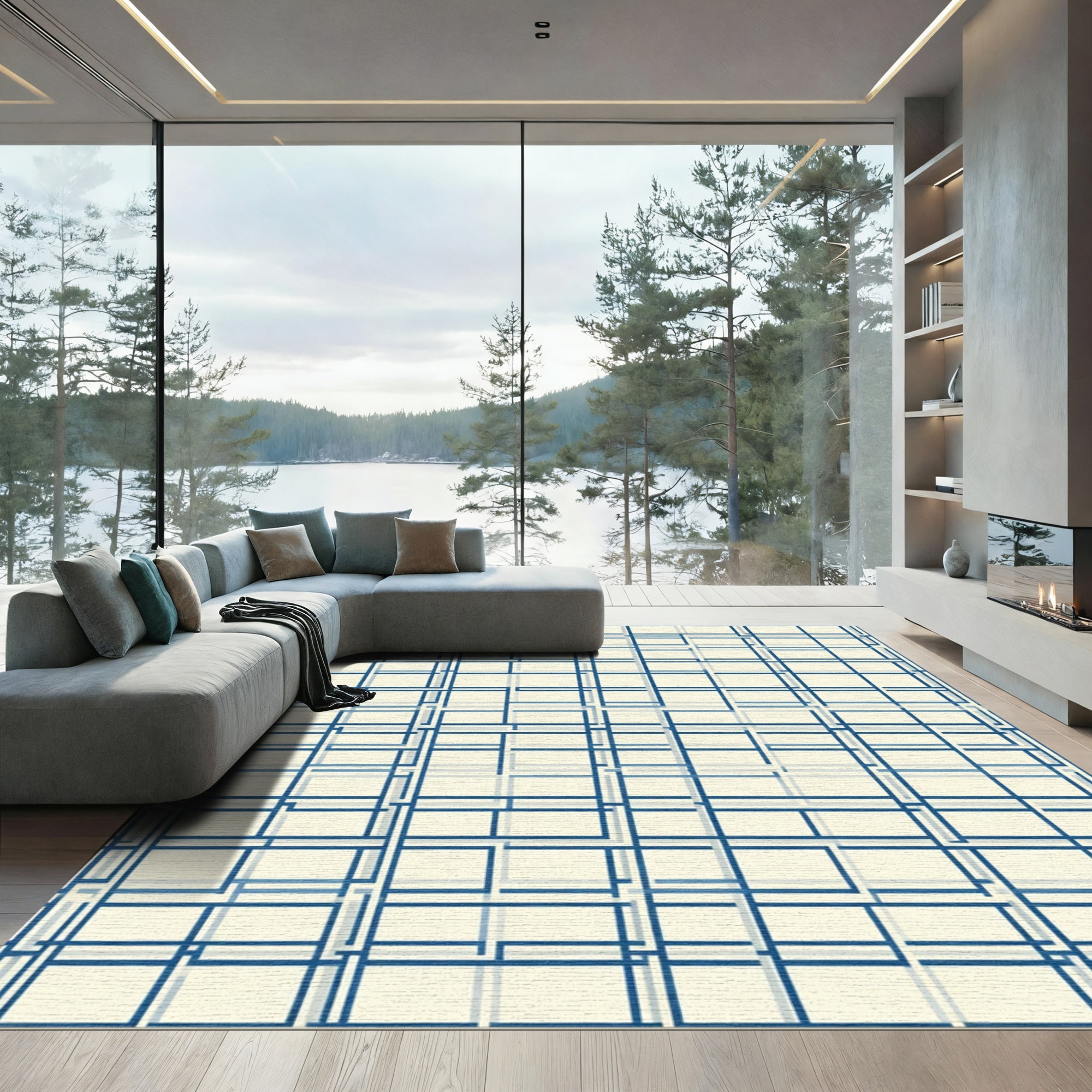 Navy Blue Geometric Interlocking Squares Rug