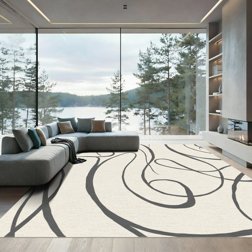 Abstract Charcoal Swirls Cream Rug