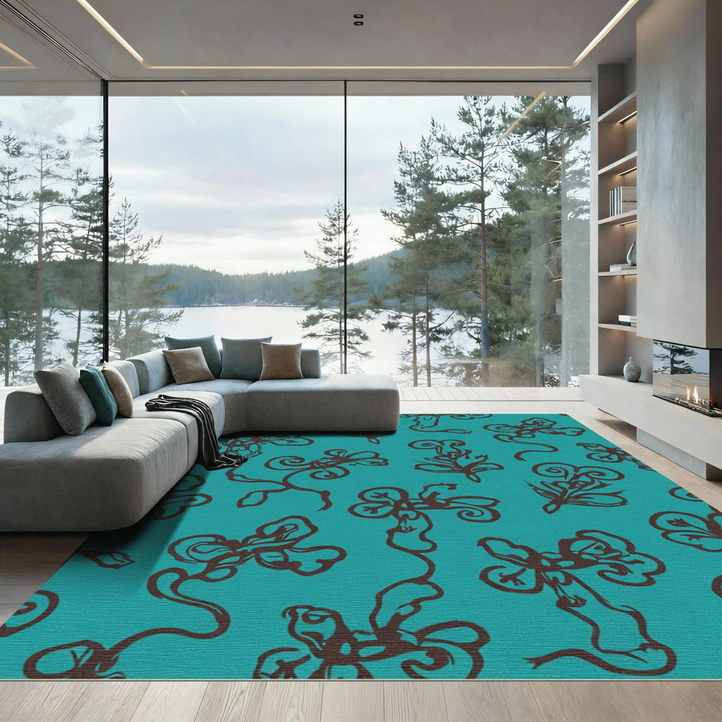 Teal Brown Stylized Floral Vine Rug