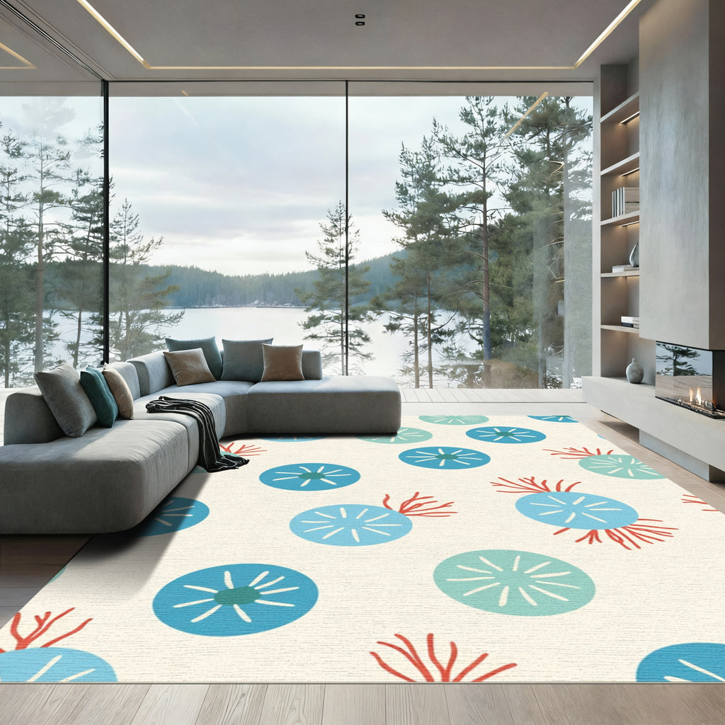 Coral Blue Circle Cluster Rug