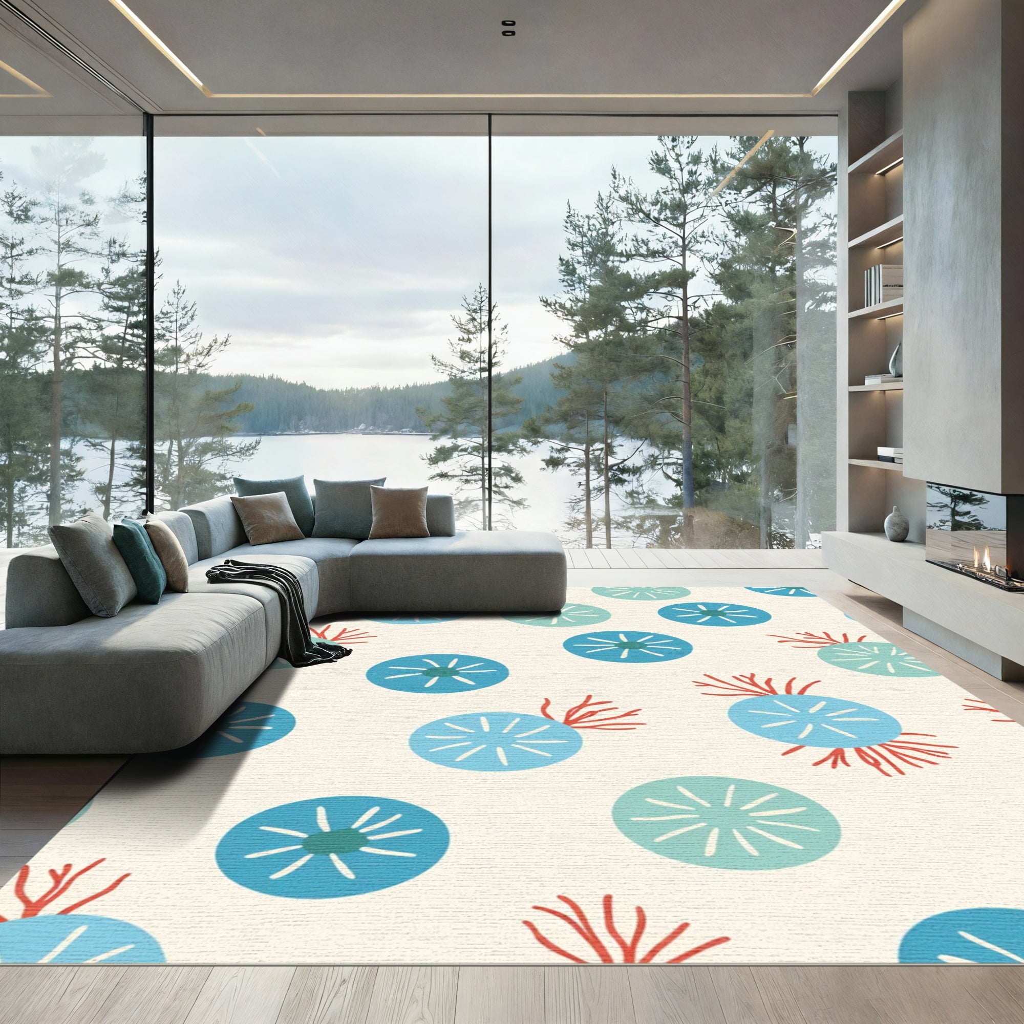Coral Blue Circle Cluster Rug