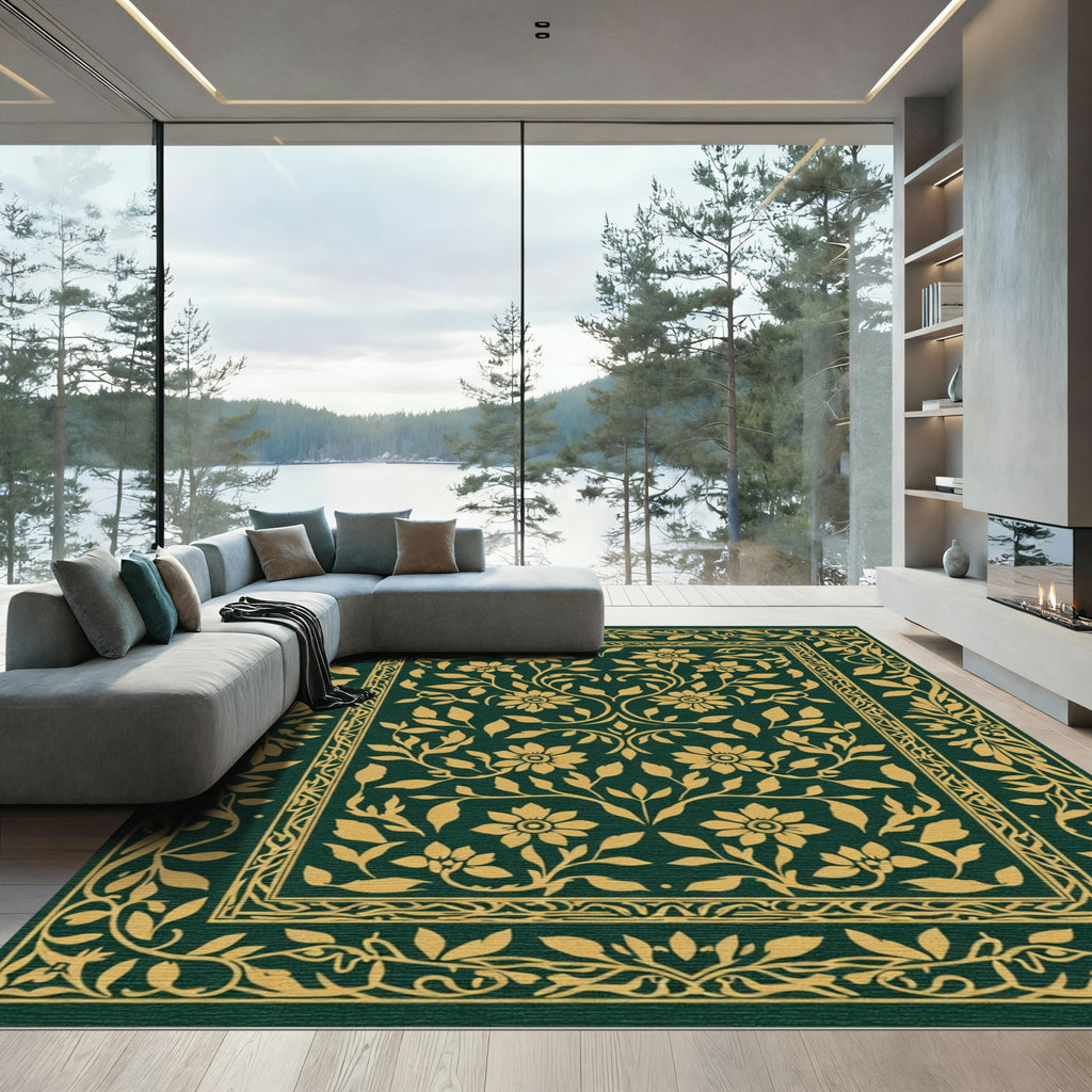 Emerald Gold Floral Vine Border Rug