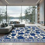 Dark Blue Whimsical Feline Floral Rug