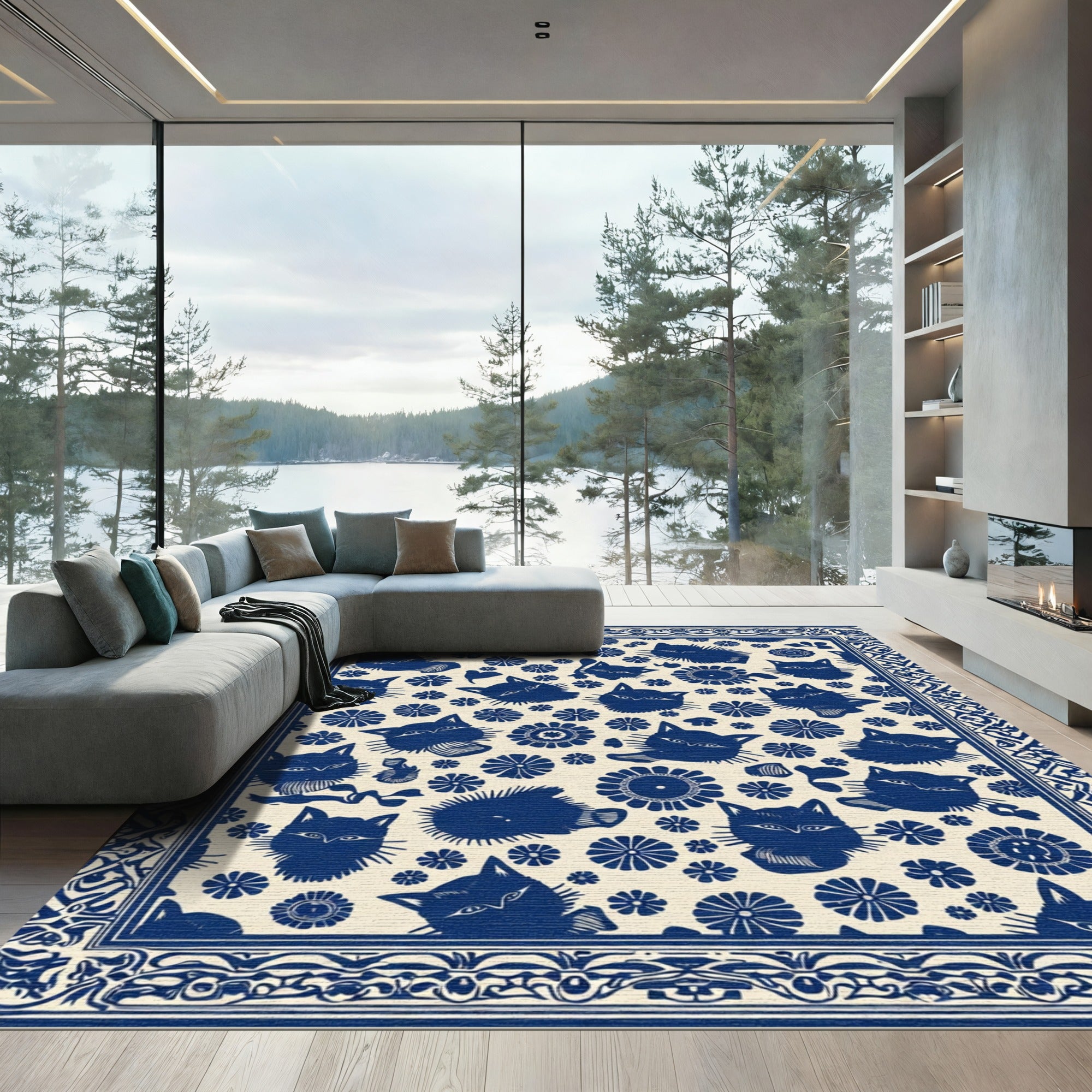 Dark Blue Whimsical Feline Floral Rug
