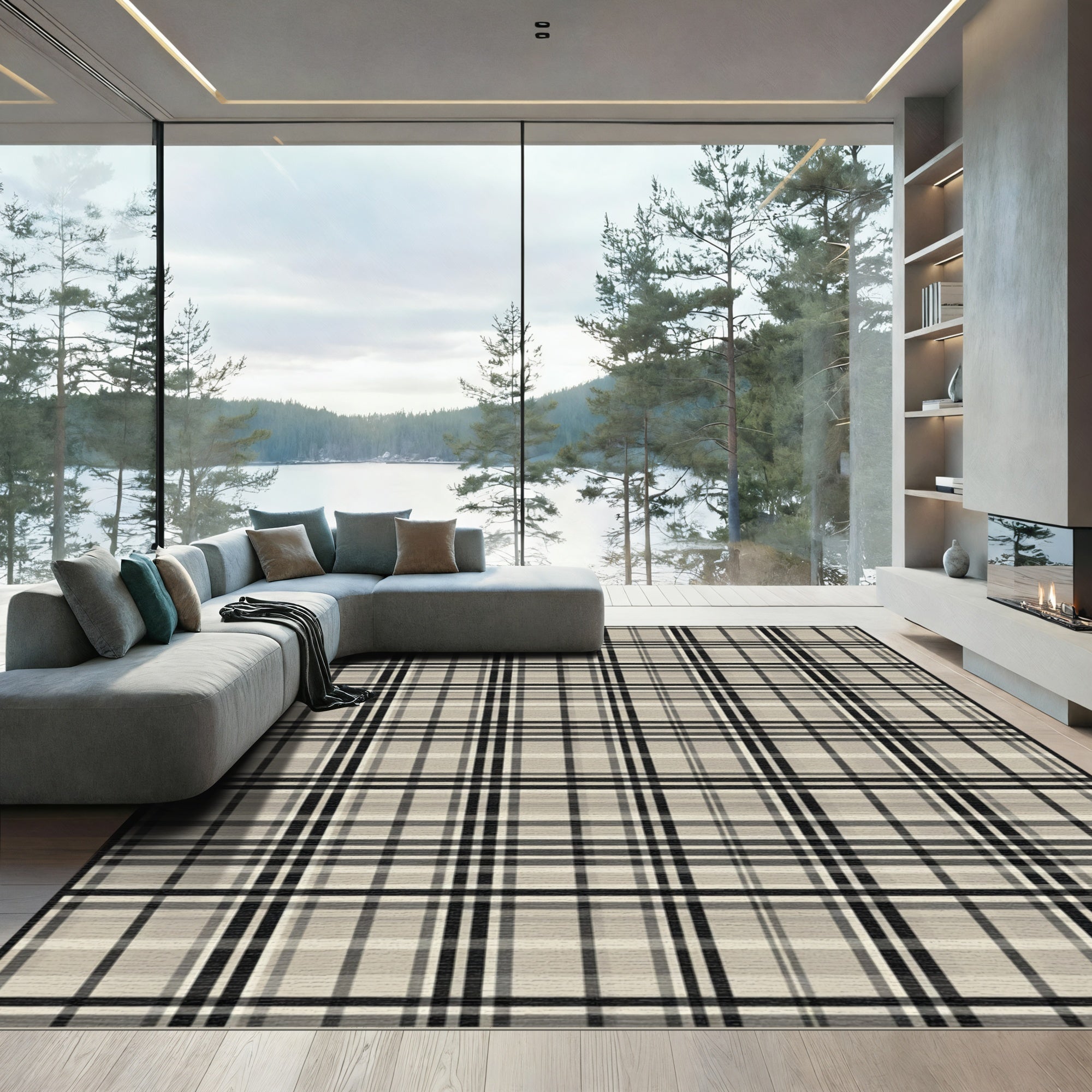 Beige Black Plaid Checkered Foulard Rug