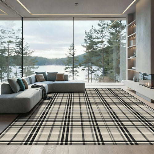Beige Black Plaid Checkered Foulard Rug