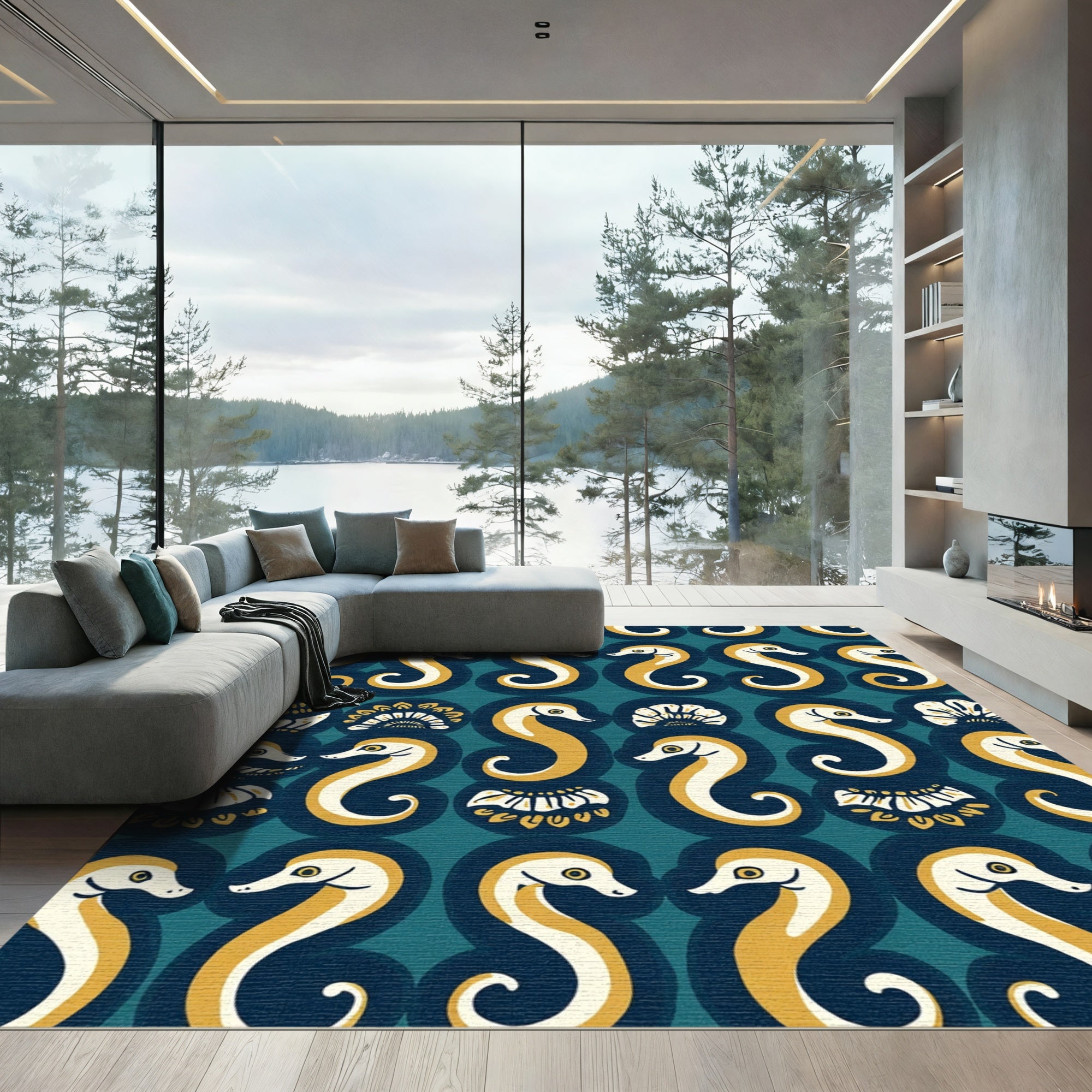 Golden Seahorse Teal Medallion Pattern Rug