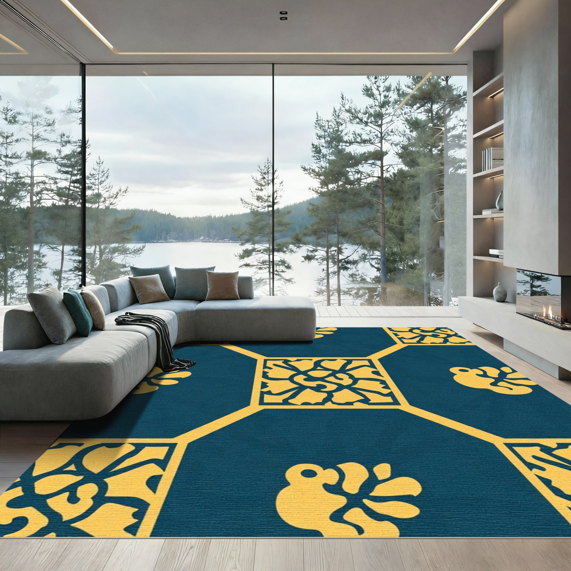 Deep Teal Floral Square Medallion Rug