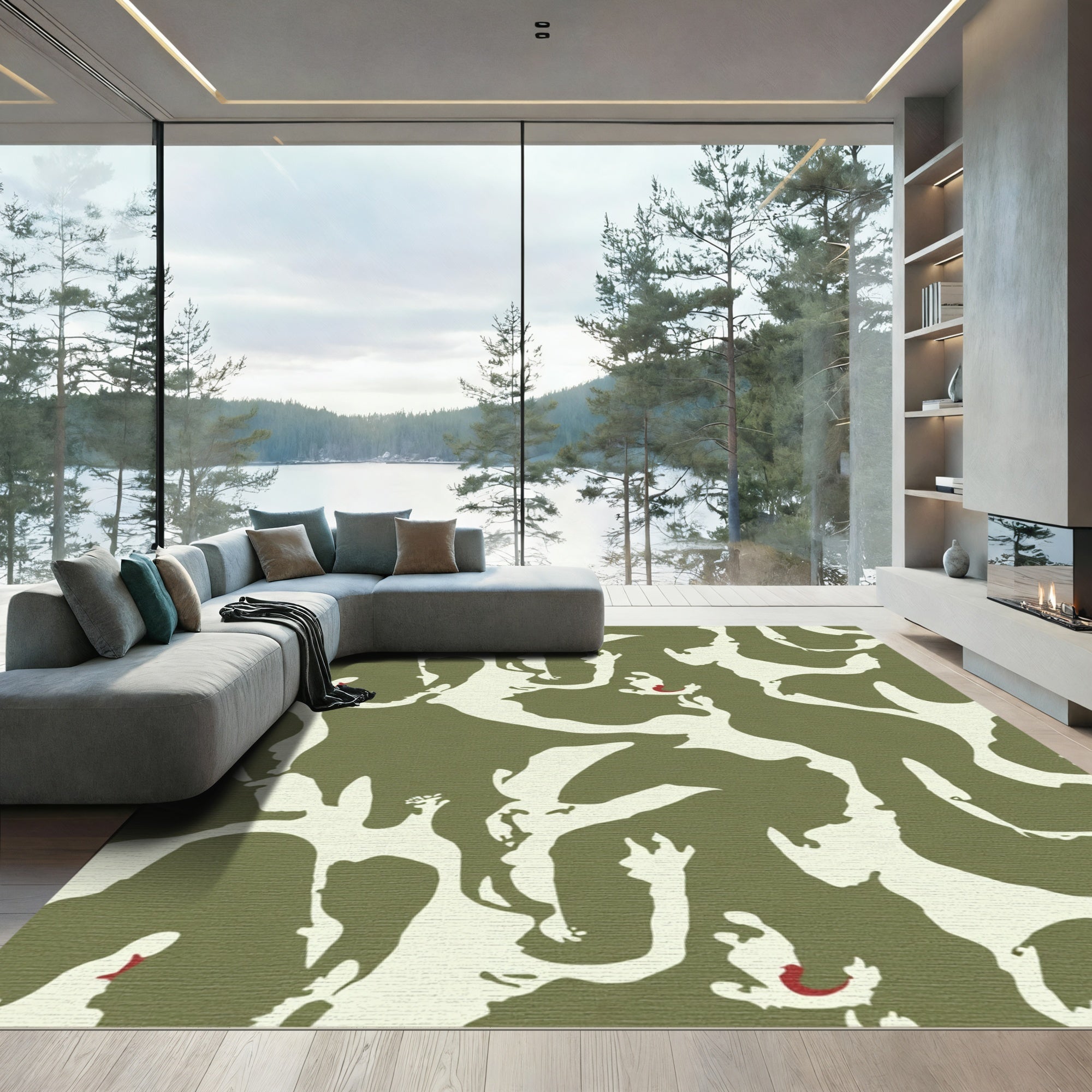 Abstract Olive Cream Intertwined Figures Rug
