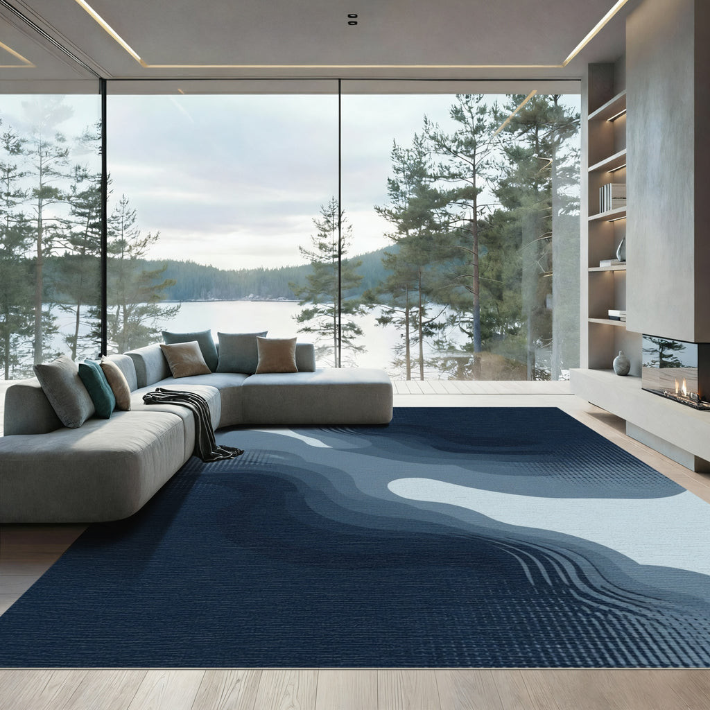 Deep Blue Wavy Organic Abstract Rug