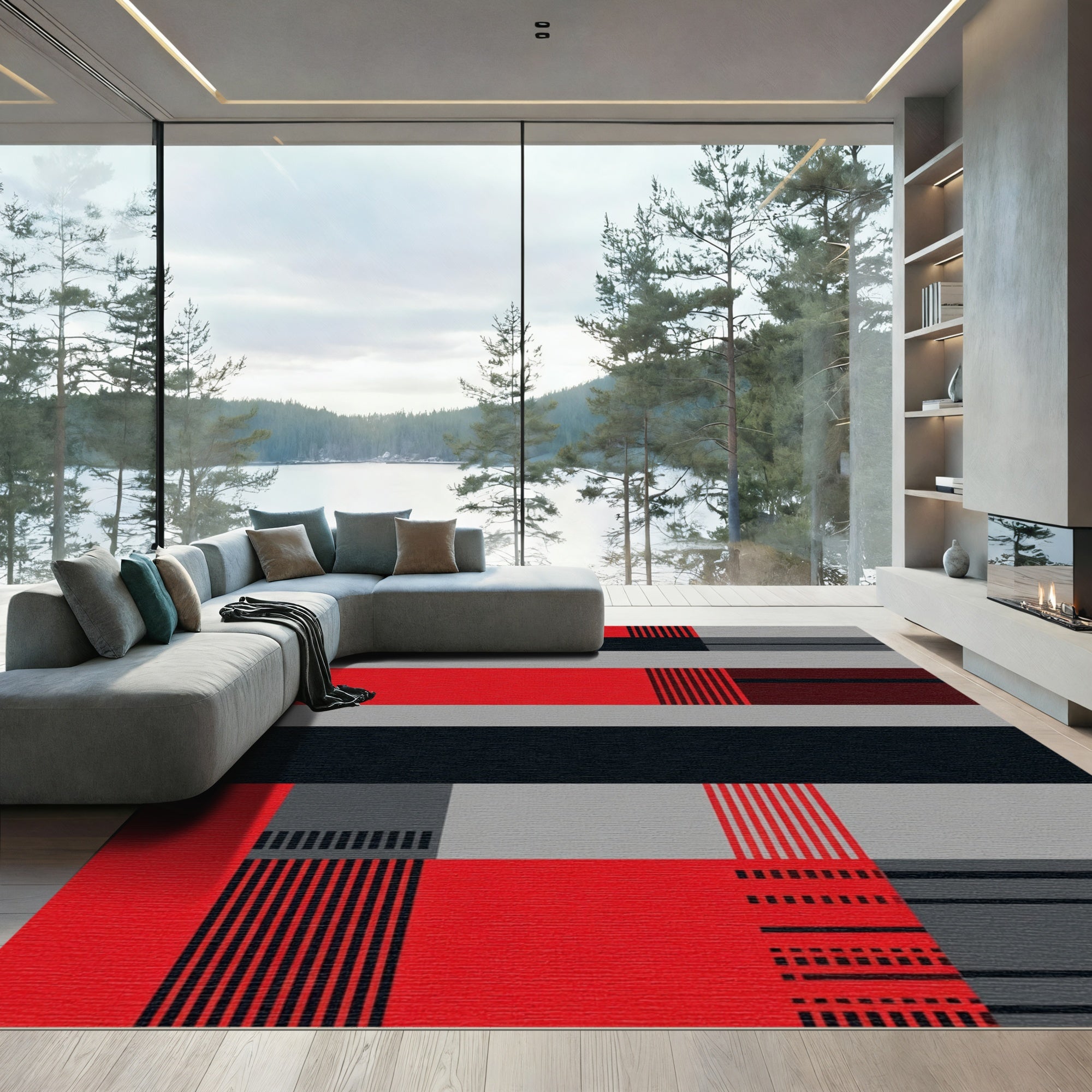 Bold Red Geometric Abstract Stripes Rug