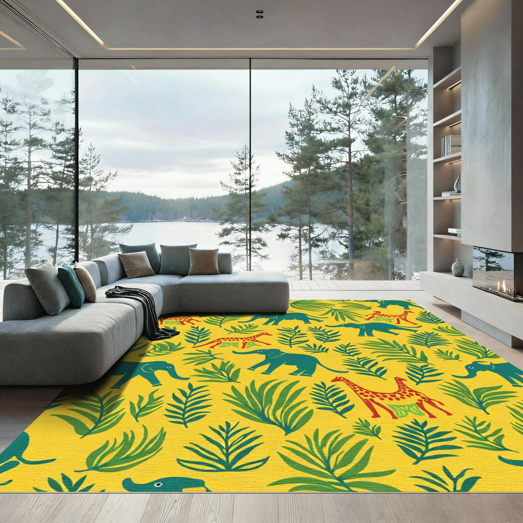 Yellow Jungle Elephant Giraffe Foliage Rug