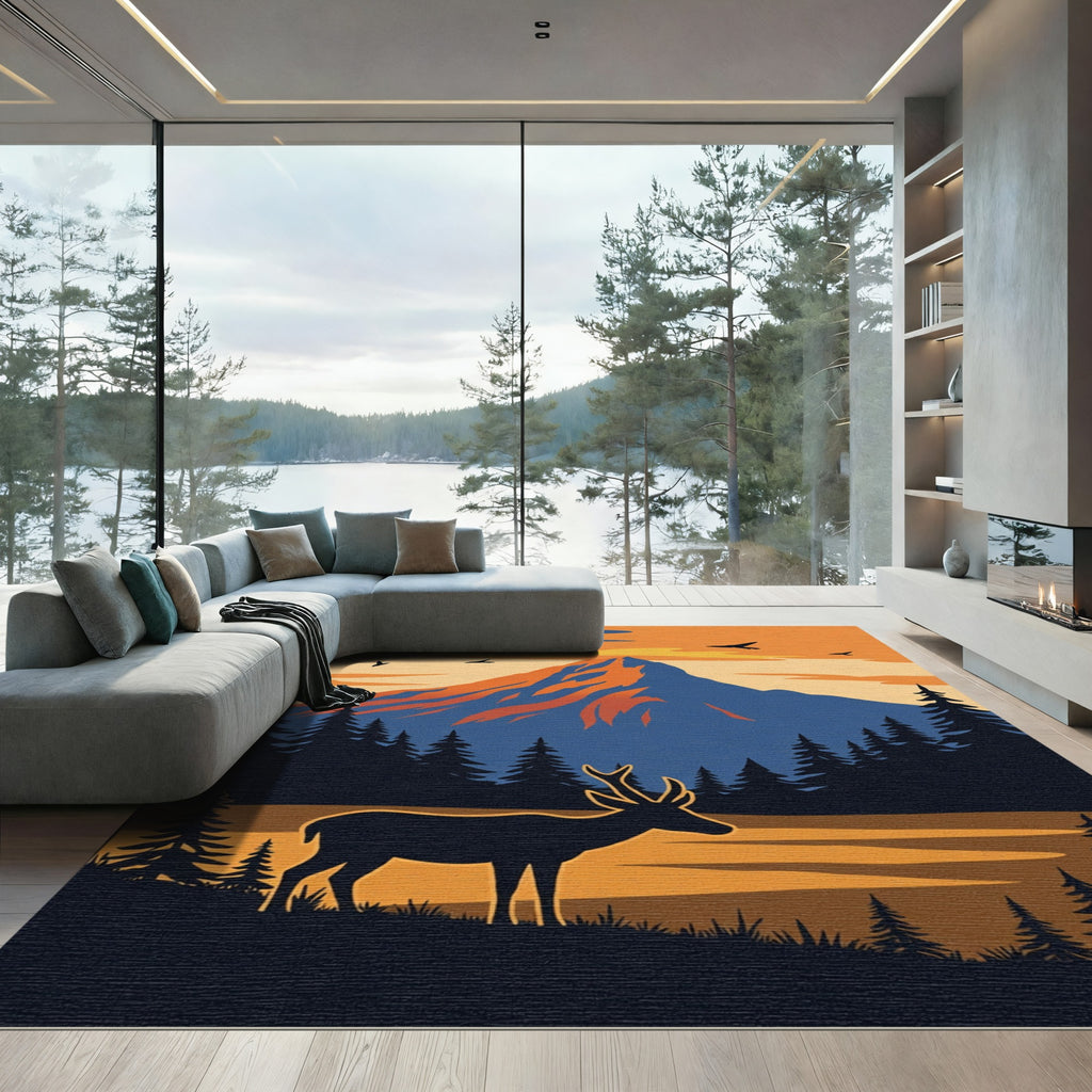 Vintage Woodland Deer Mountain Sunset Rug