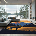 Vintage Woodland Deer Mountain Sunset Rug