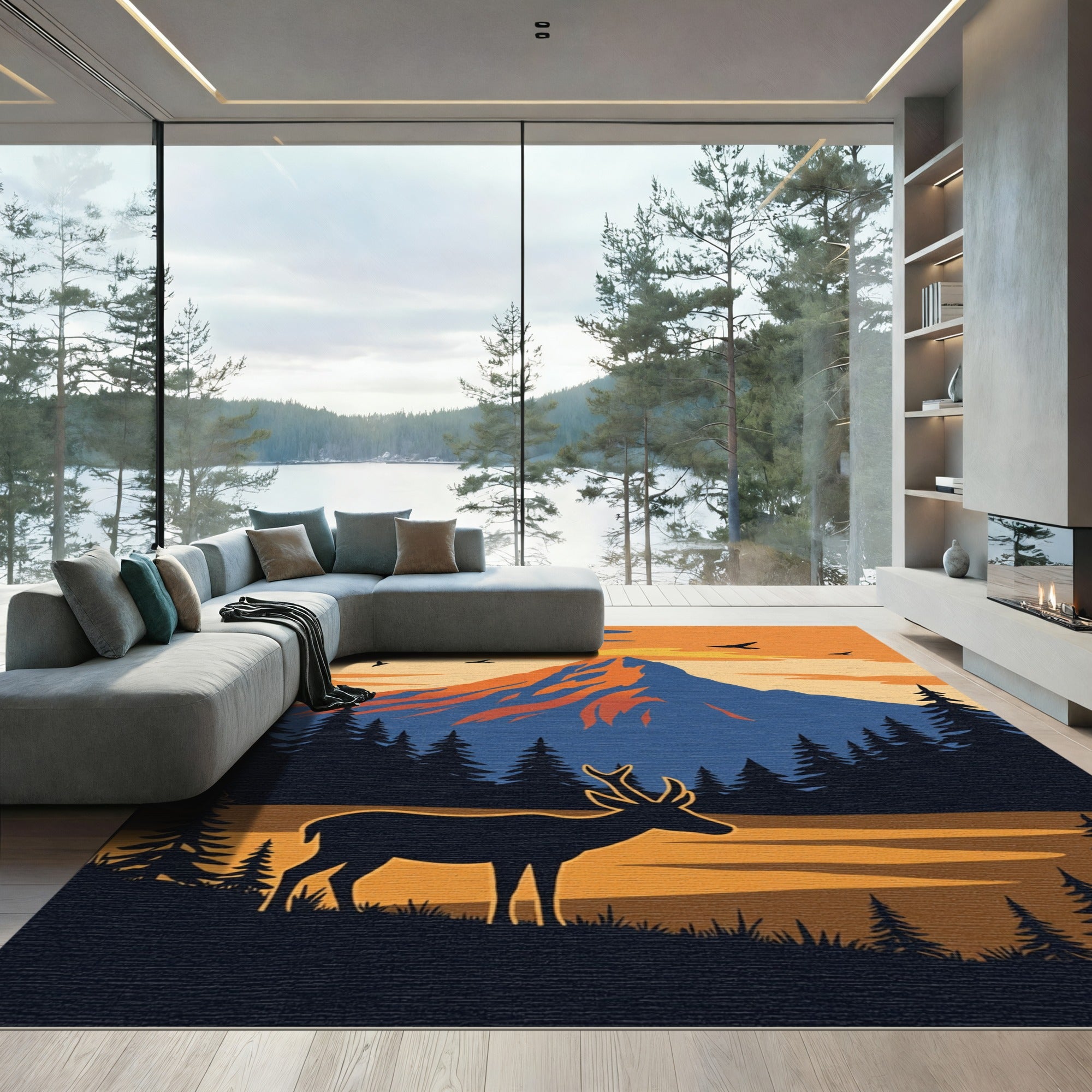 Vintage Woodland Deer Mountain Sunset Rug