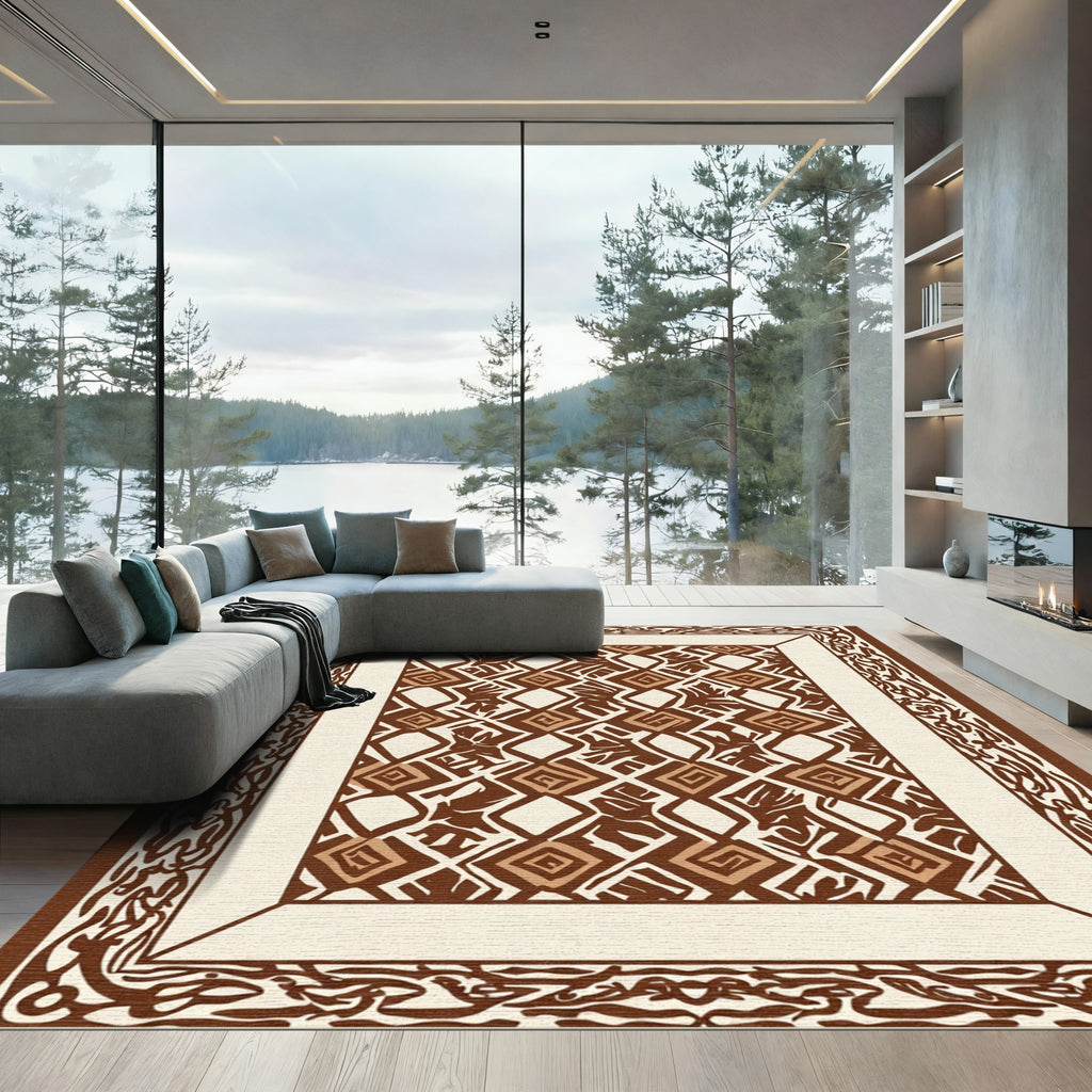 Brown Diamond and Leaf Interlocking Pattern Rug