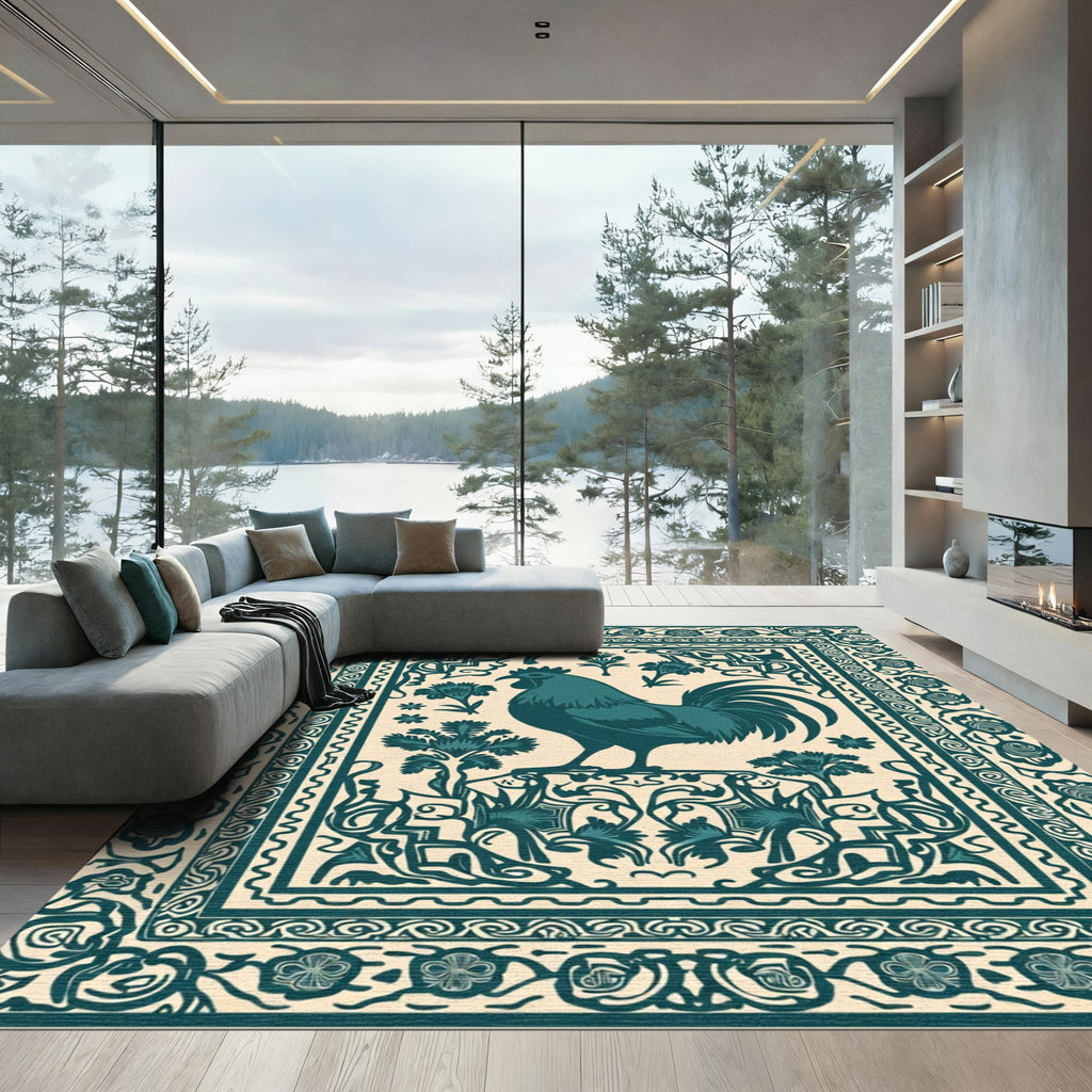 Teal Rooster Floral Bordered Rug