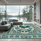 Teal Rooster Floral Bordered Rug