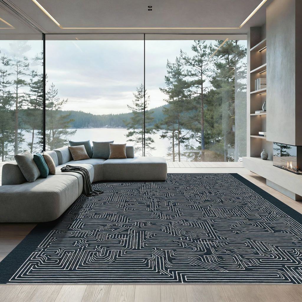 Dark Navy White Maze Lines Rug