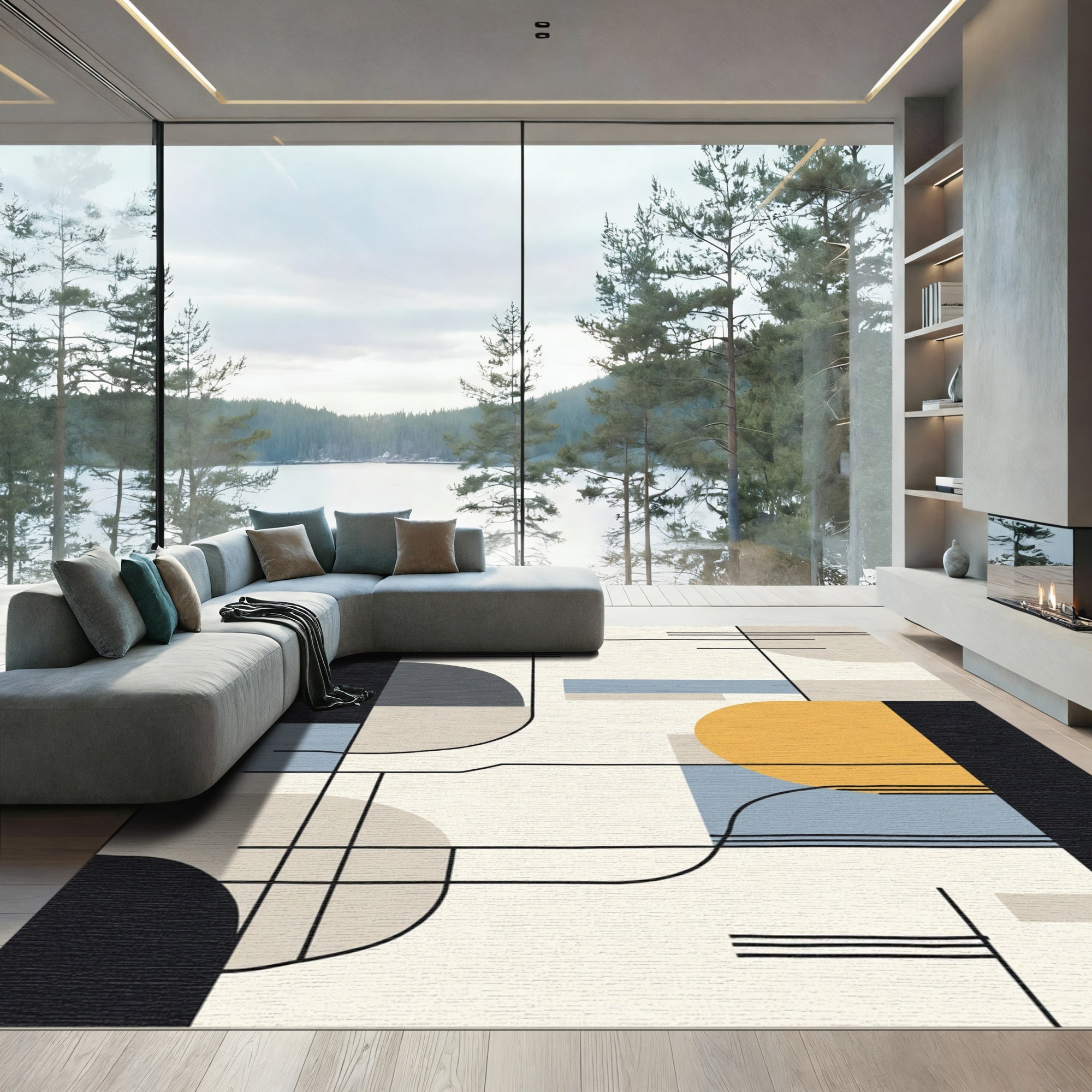 Modern Geometric Gold Blue Black Rug