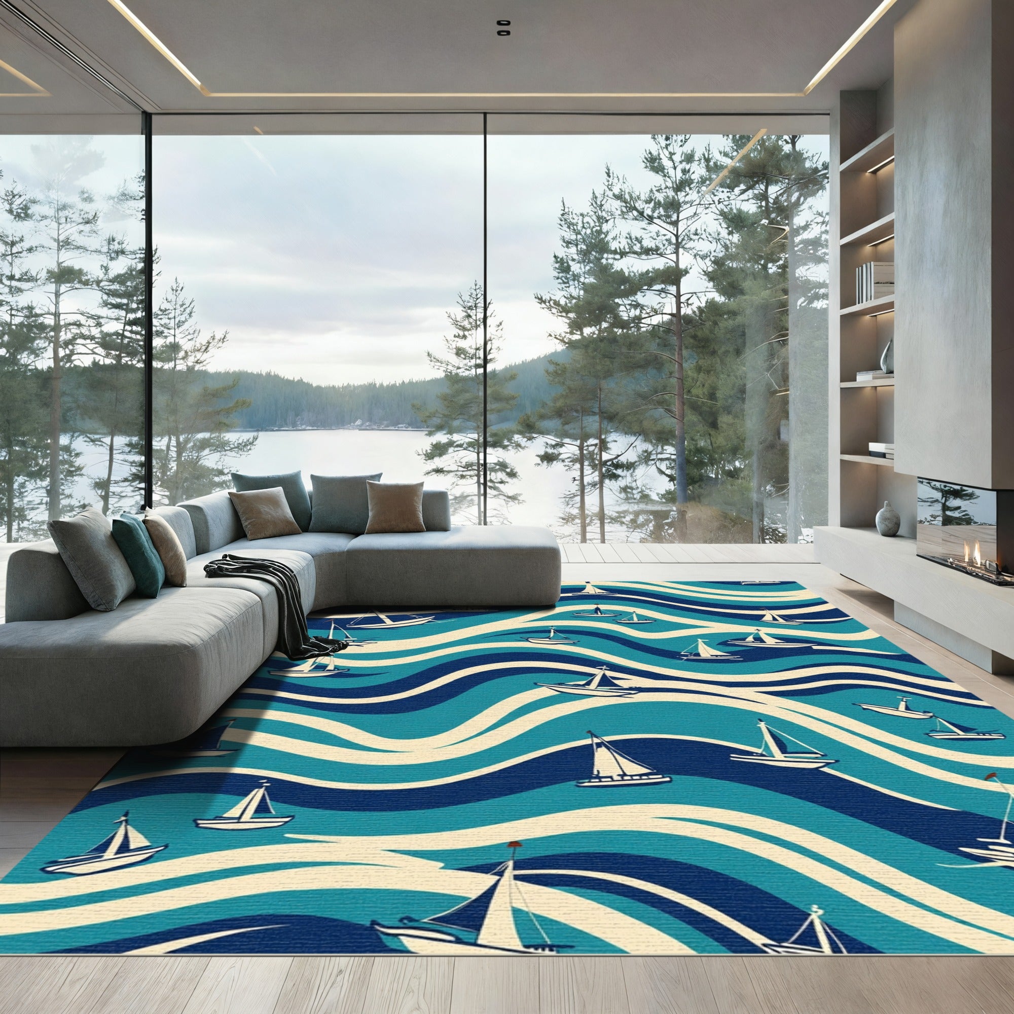 Blue Waves Sailing Ships Rug
