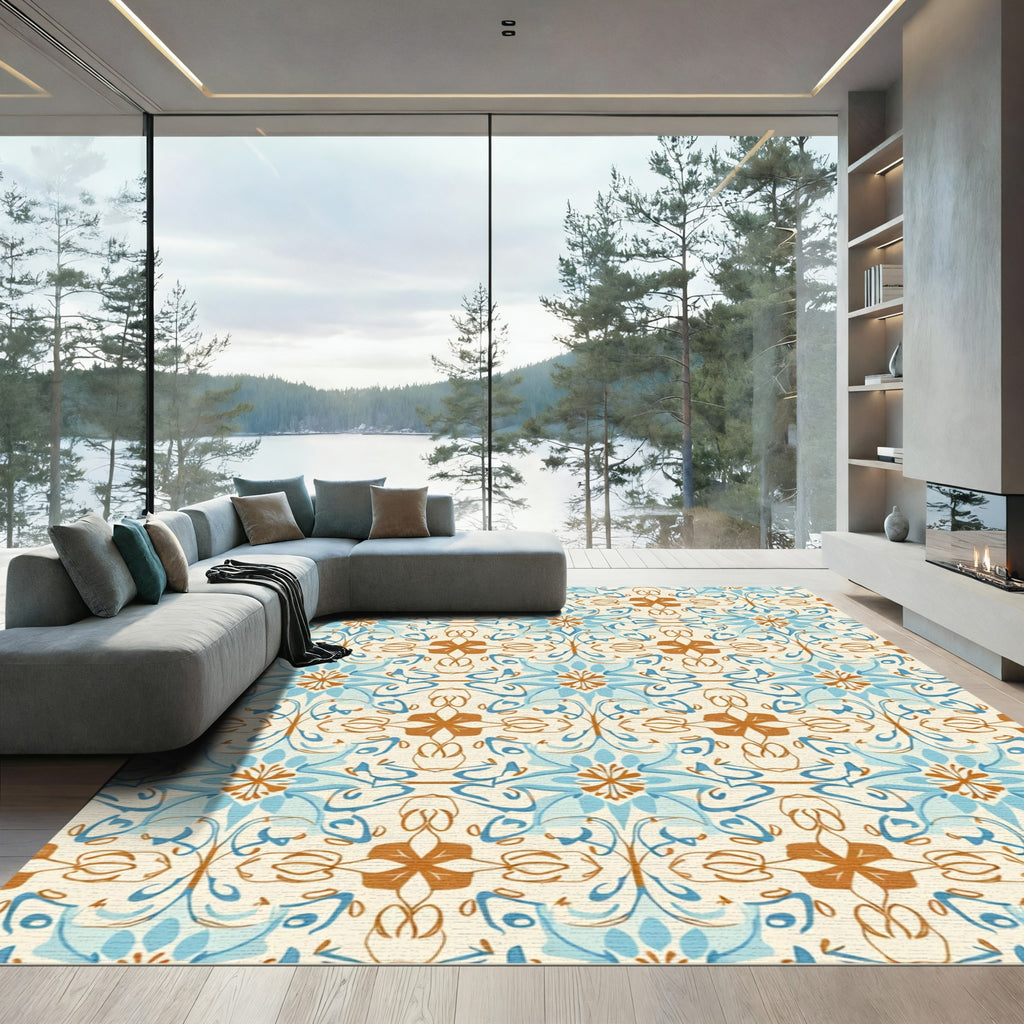 Azure Brown Symmetrical Floral Scroll Rug